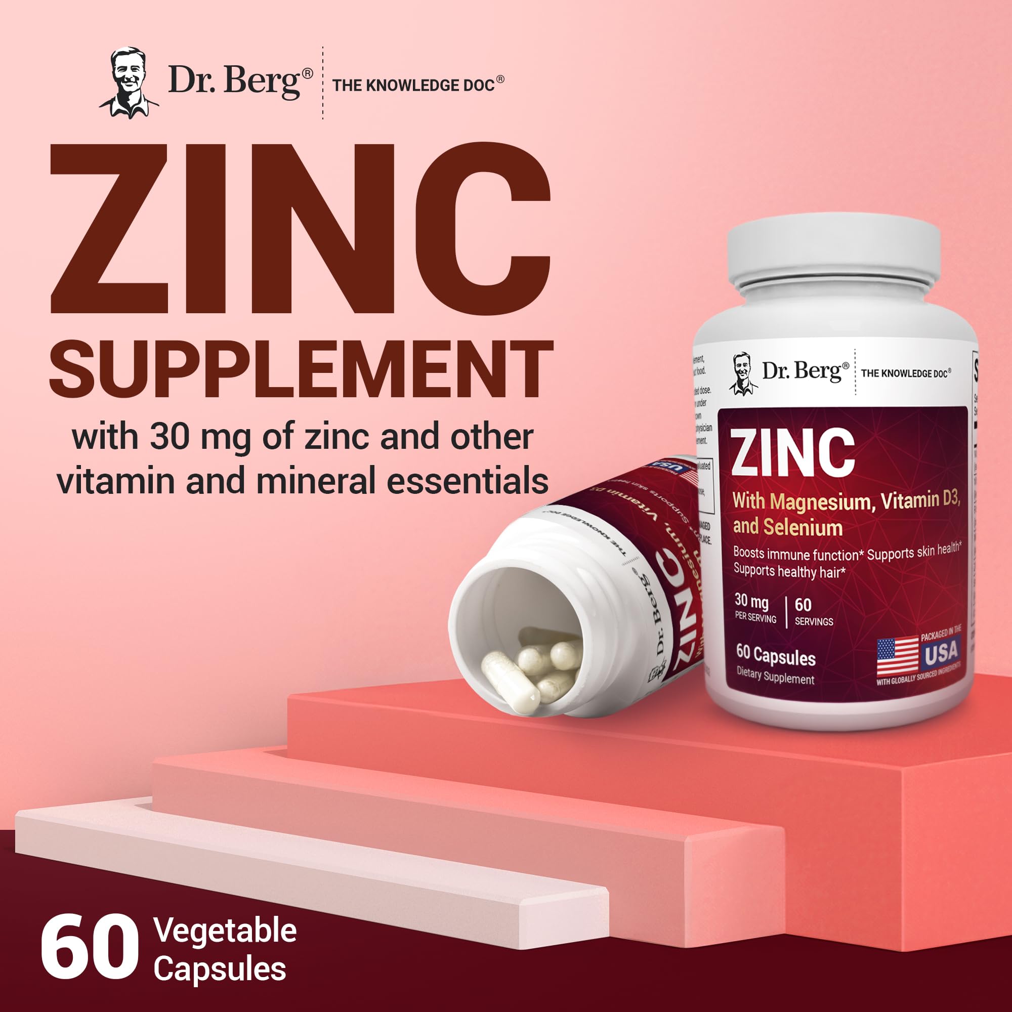 Dr. Berg Nutritionals Zinc Capsules displayed on a wooden table