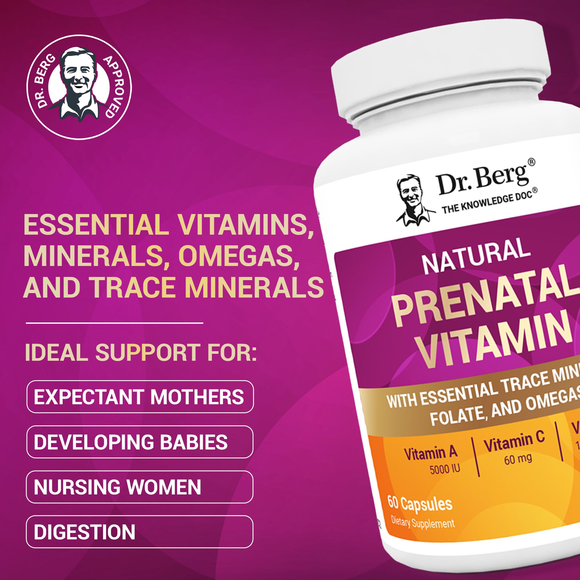 Dr. Berg Prenatal Vitamins capsules on a wooden surface