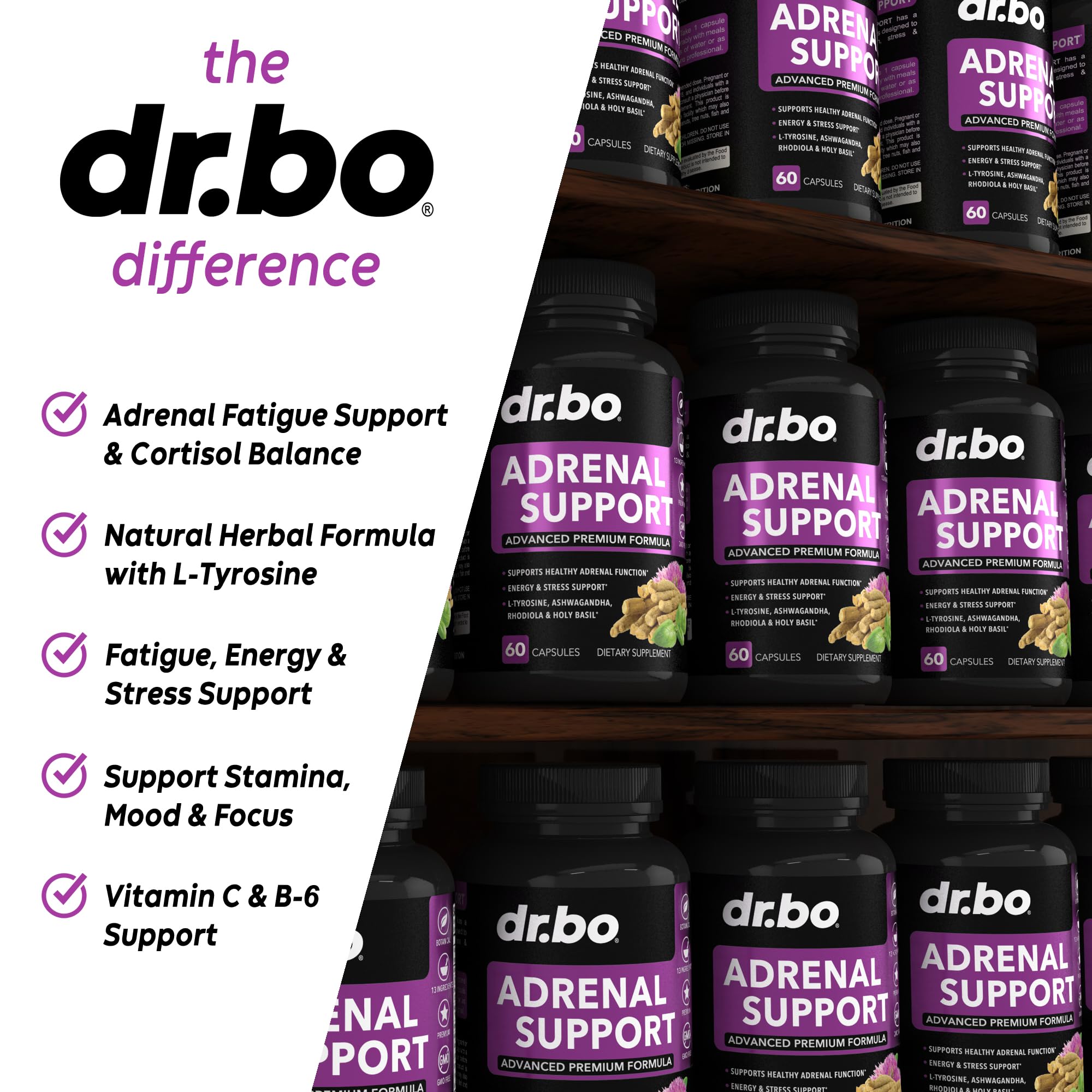 DR. BO Adrenal Support Supplements bottle side view