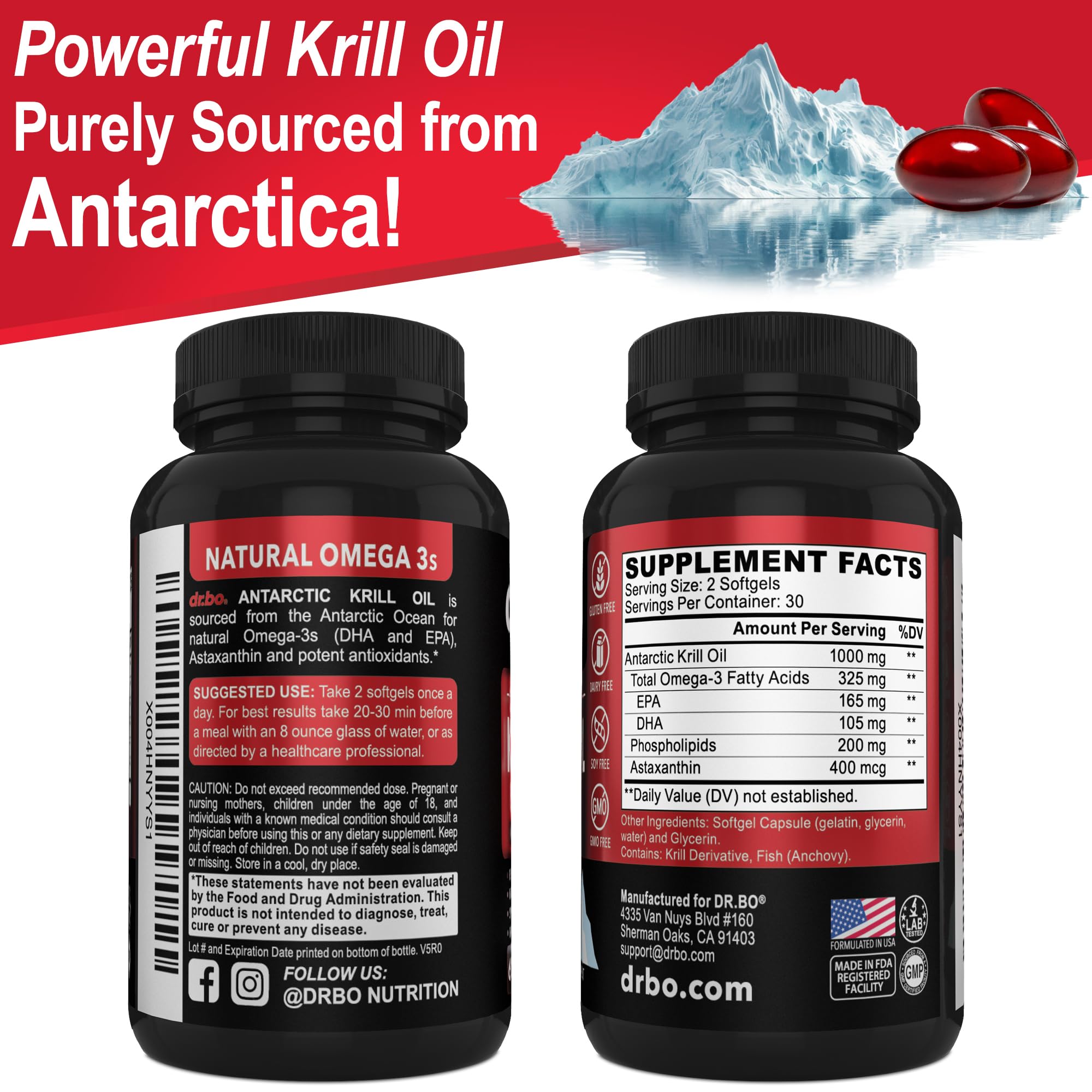 DR. BO Antarctic Krill Oil softgels in a health supplement setting