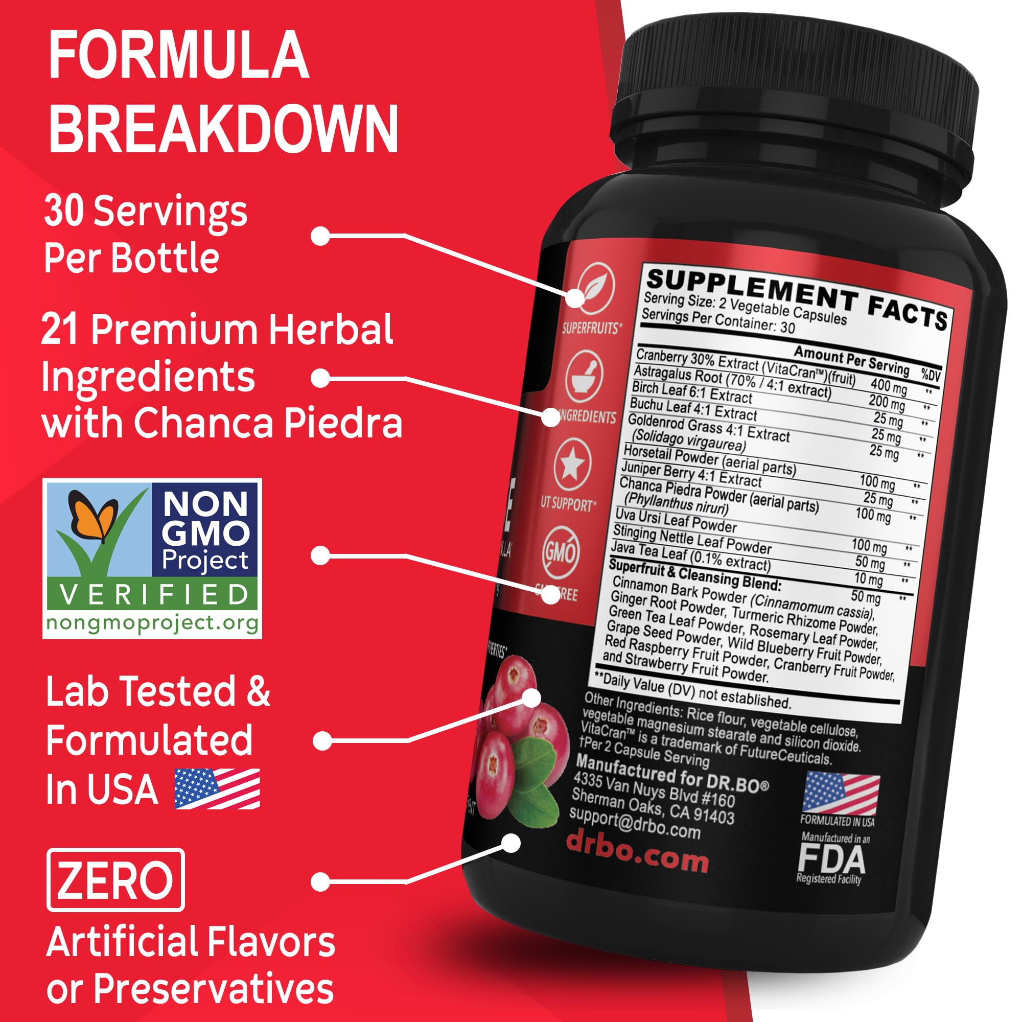 DR. BO Cranberry Kidney Support Supplement on a wooden table