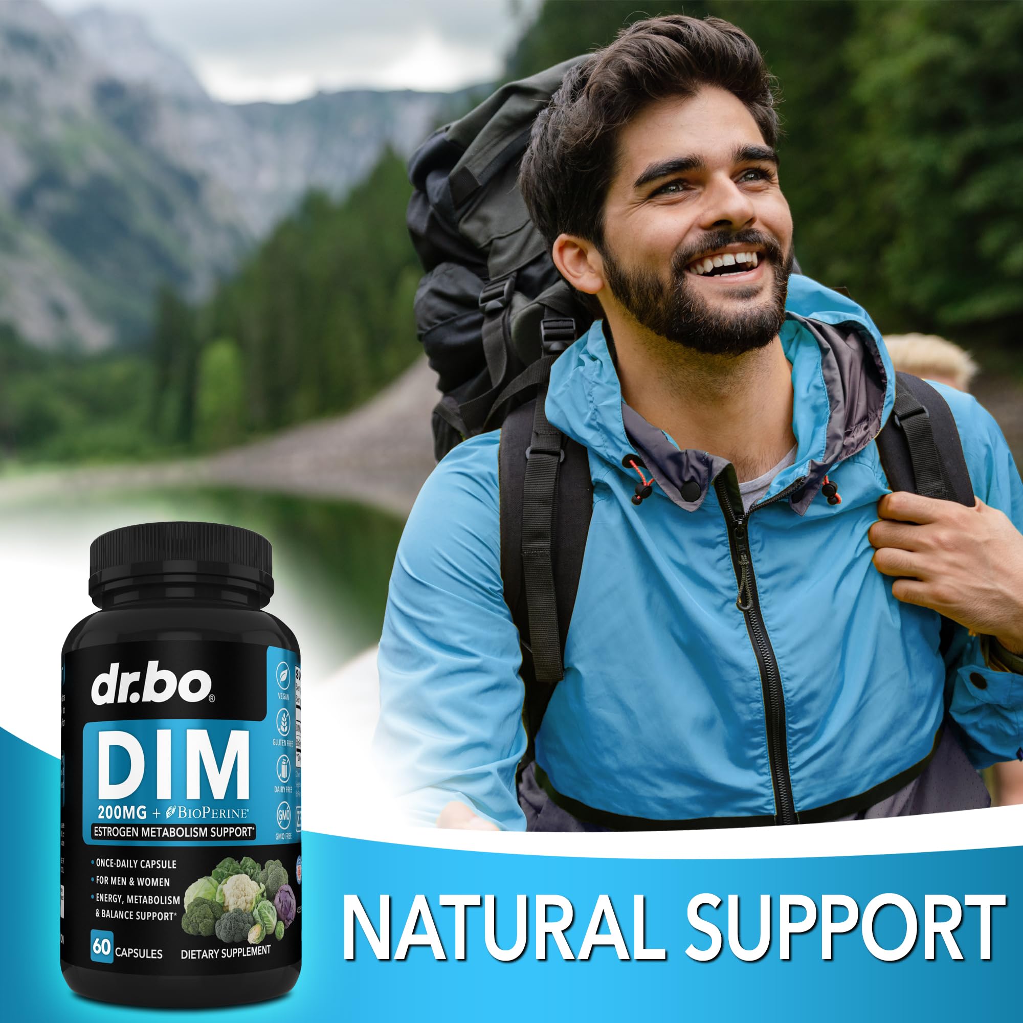 DR. BO DIM Supplement 200mg bottle on a wooden table