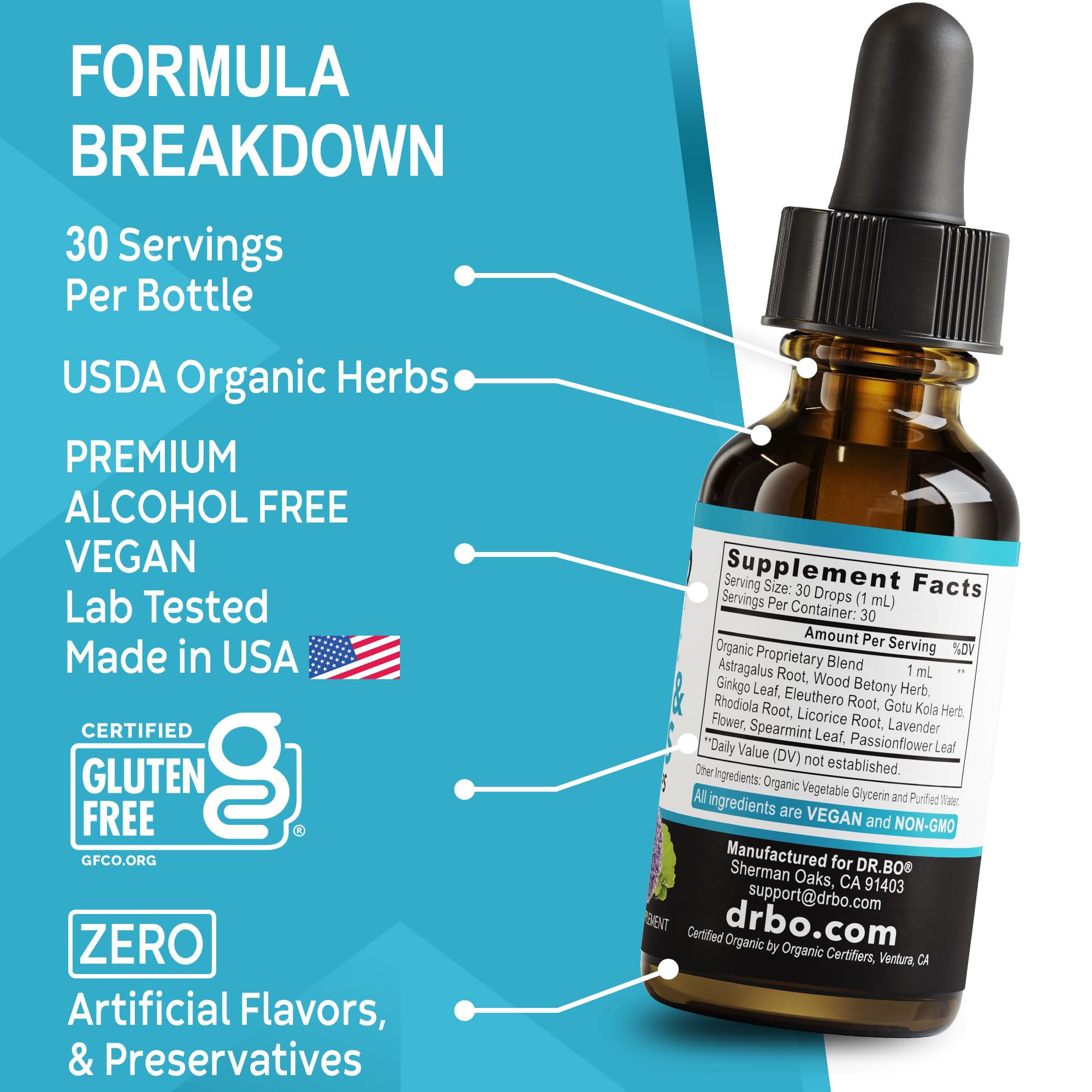 DR. BO Ginkgo Biloba Adrenal Support Drops on wooden table