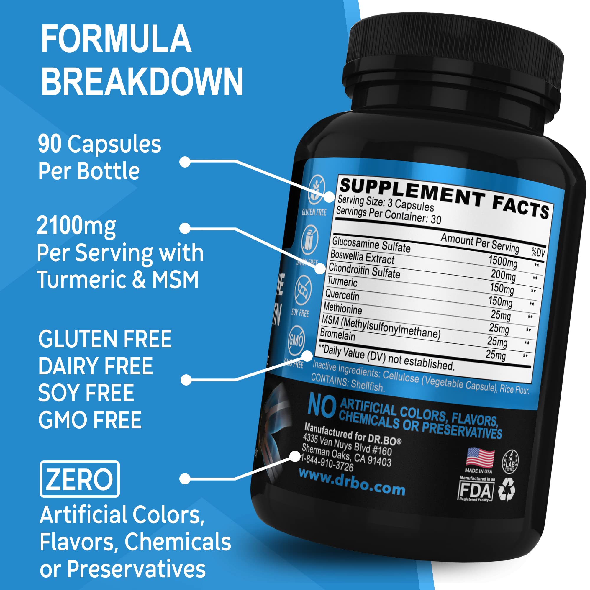 DR. BO Glucosamine Chondroitin MSM Turmeric capsules in hand