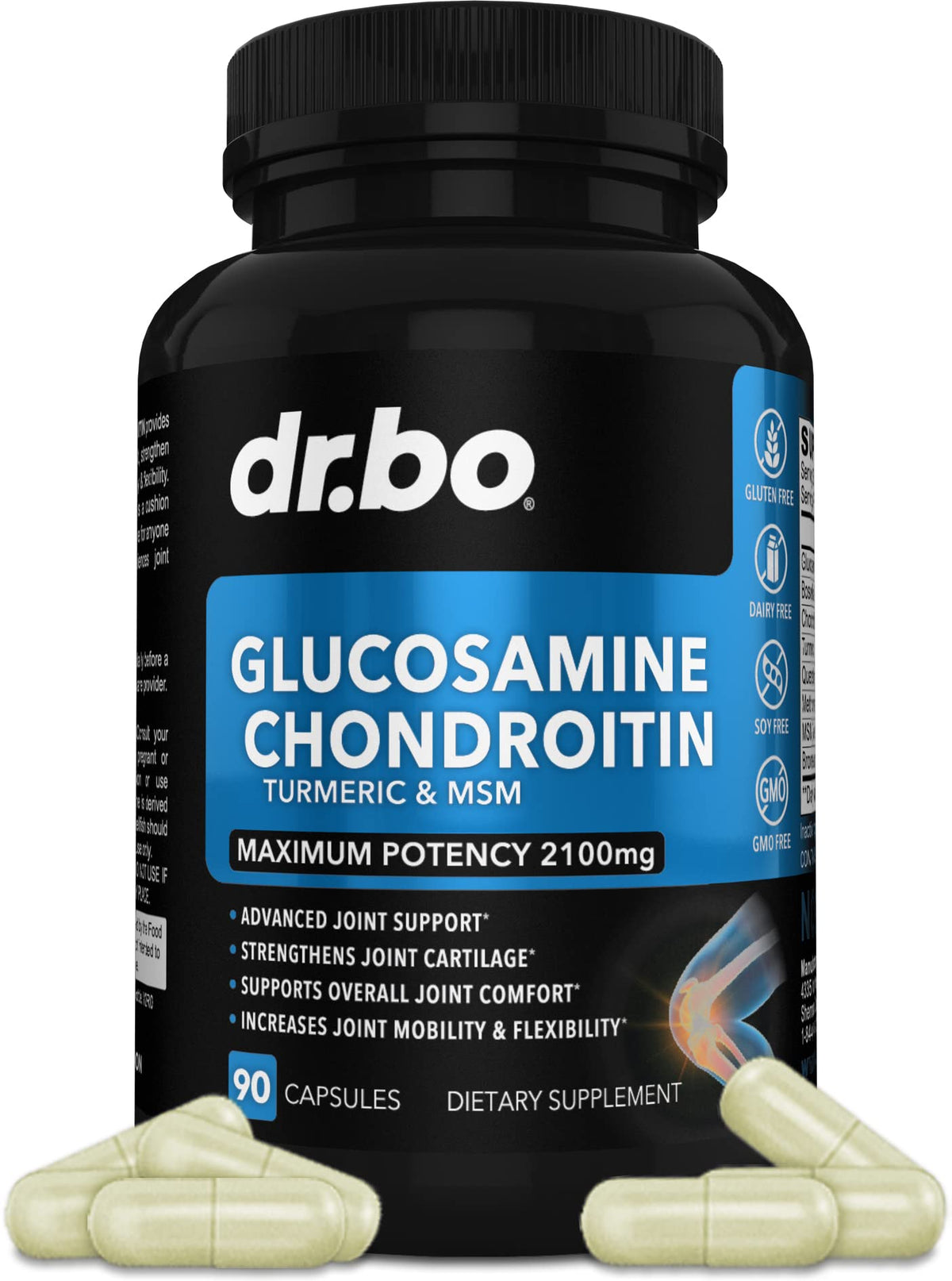 DR. BO Glucosamine Chondroitin MSM Turmeric supplement bottle front view
