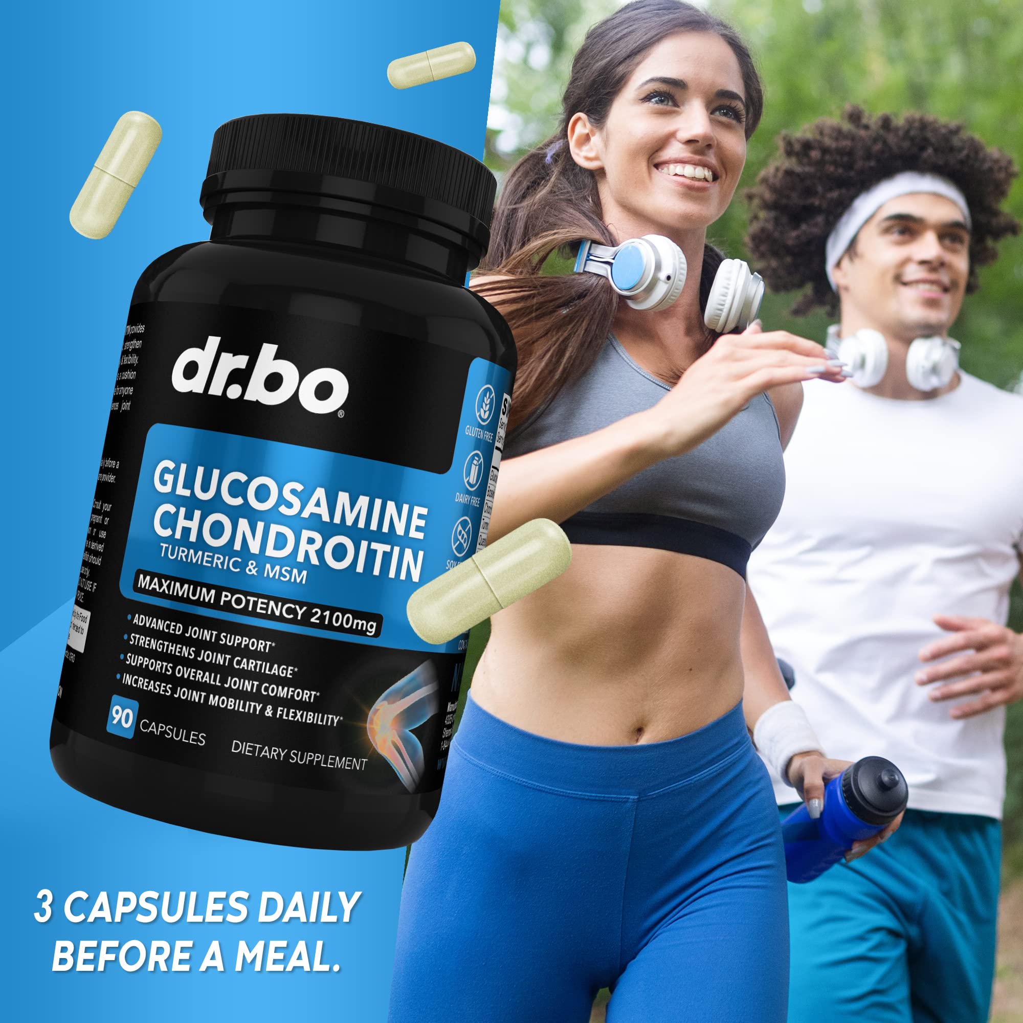 DR. BO Glucosamine Chondroitin MSM Turmeric supplement bottle with measuring spoon