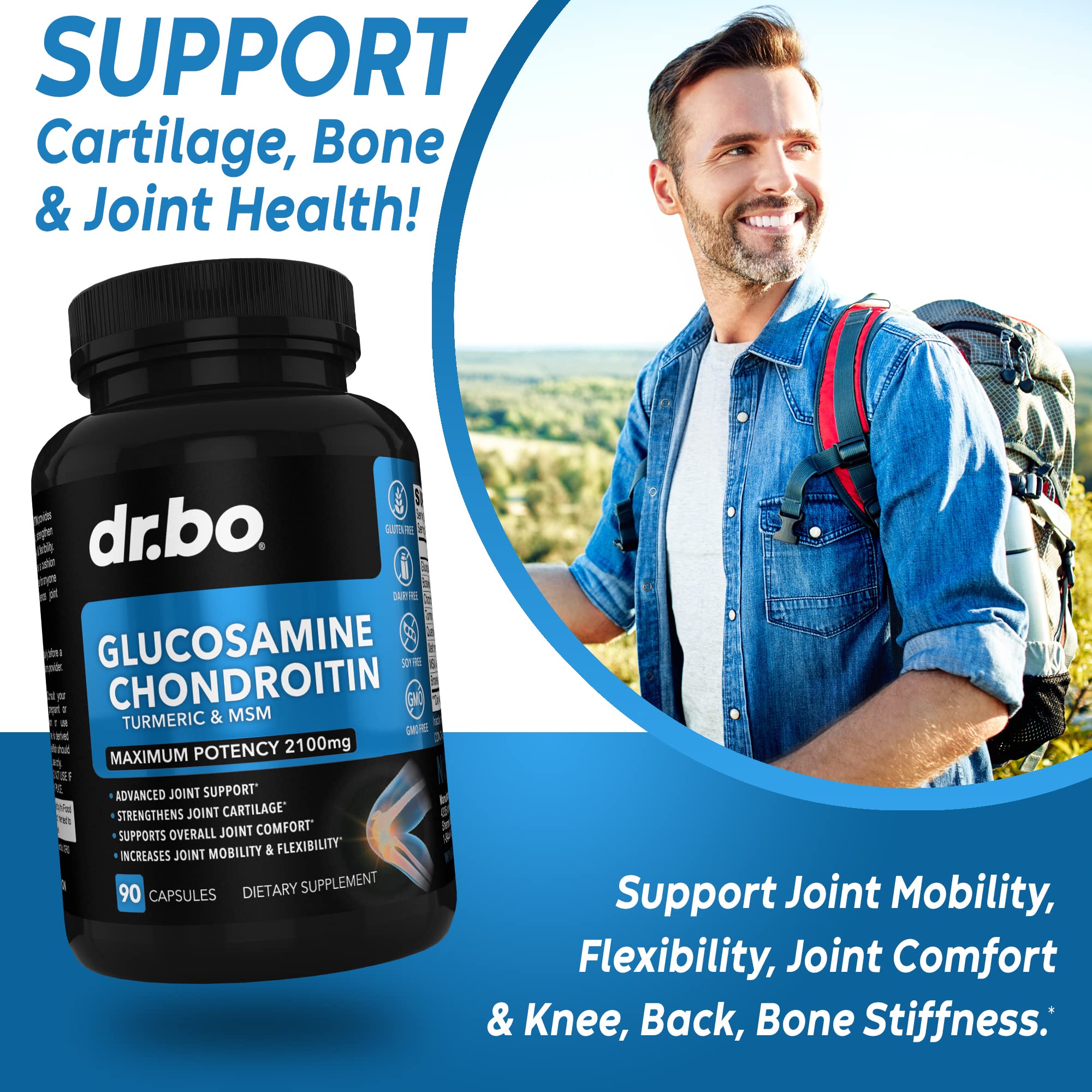 DR. BO Glucosamine Chondroitin MSM Turmeric supplement capsules on a table