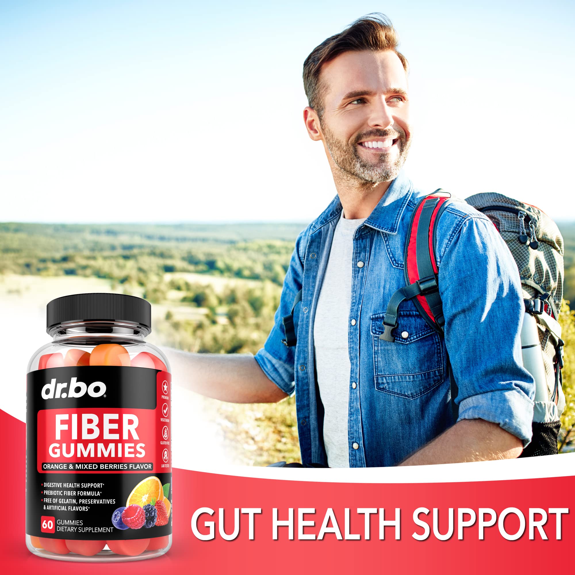 DR. BO High Fiber Gummies displayed with fresh fruits