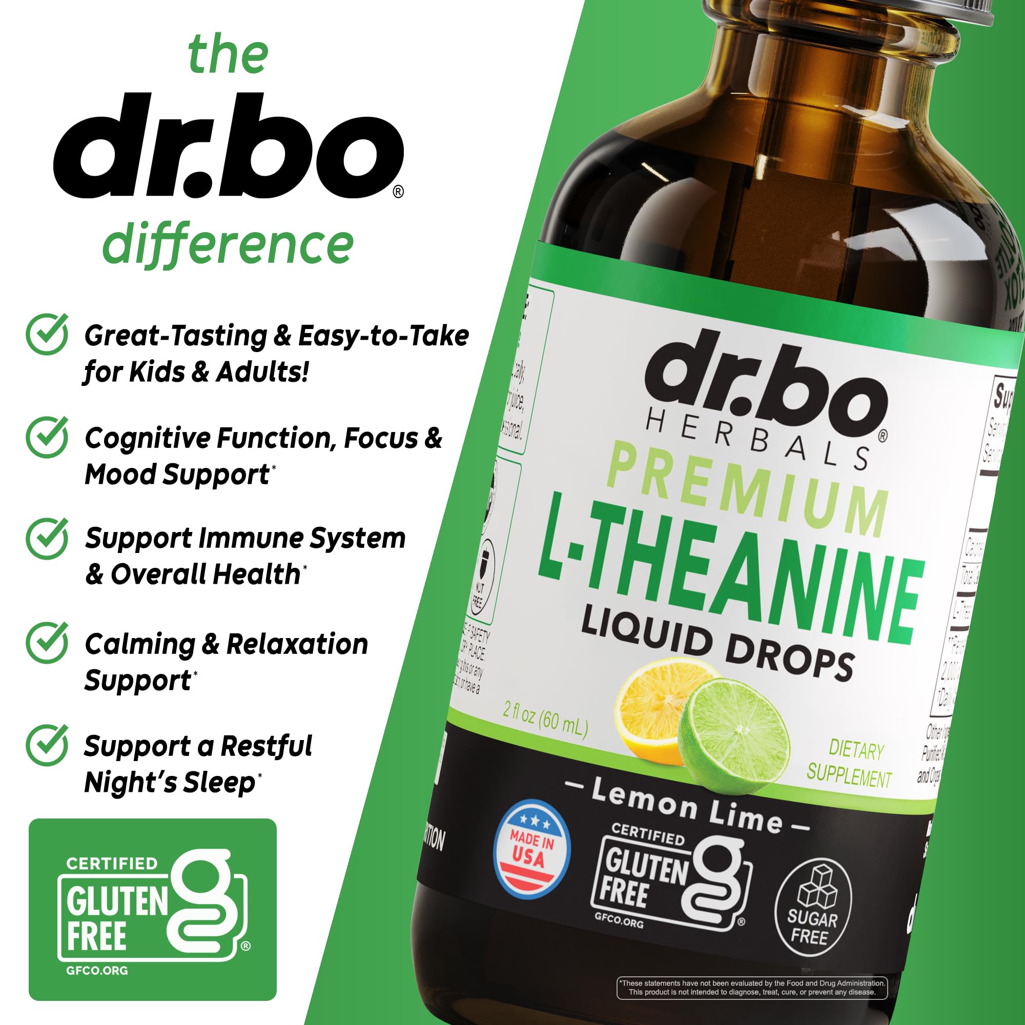 DR. BO L-Theanine 200mg Liquid Drops being poured into a glass