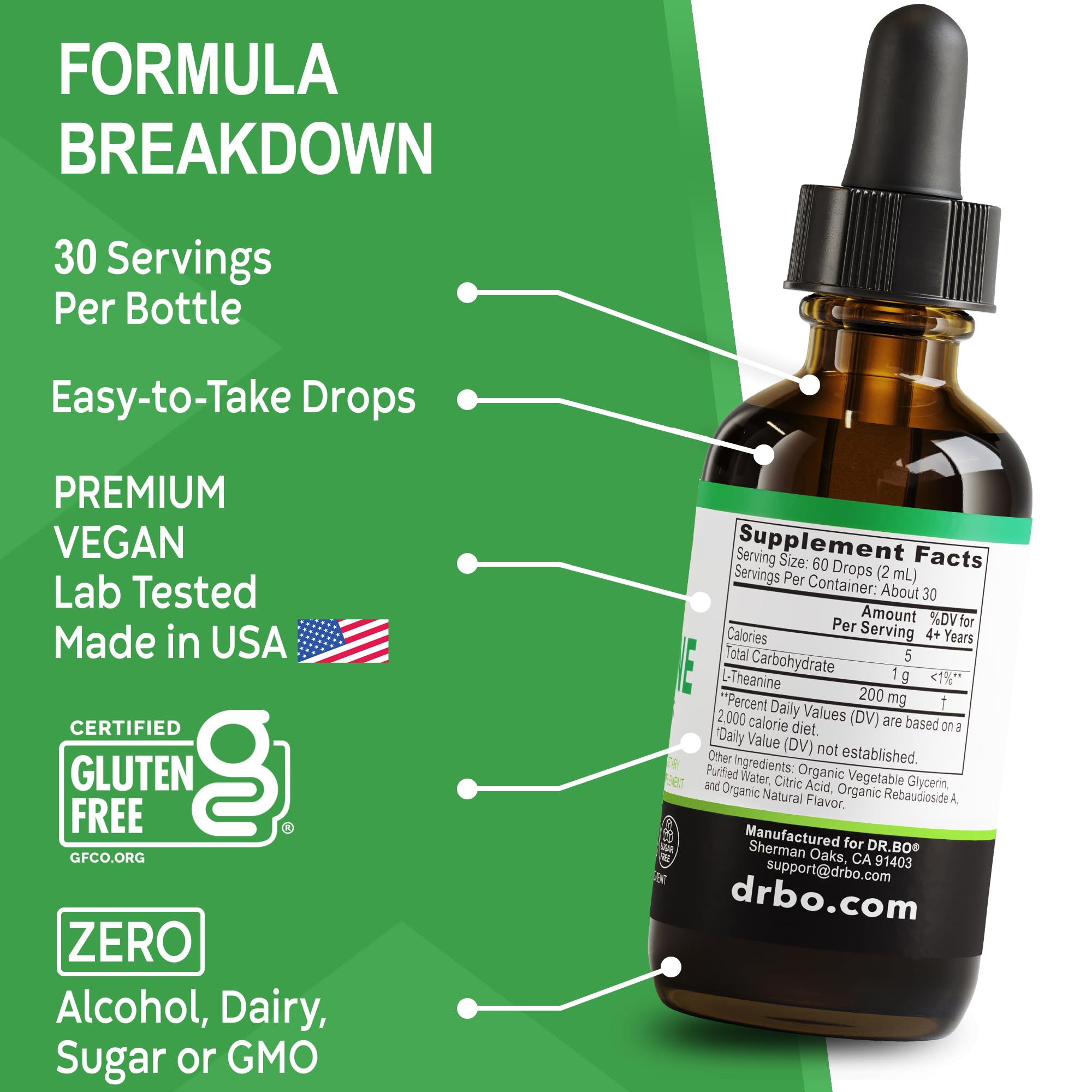 DR. BO L-Theanine 200mg Liquid Drops displayed with other supplements