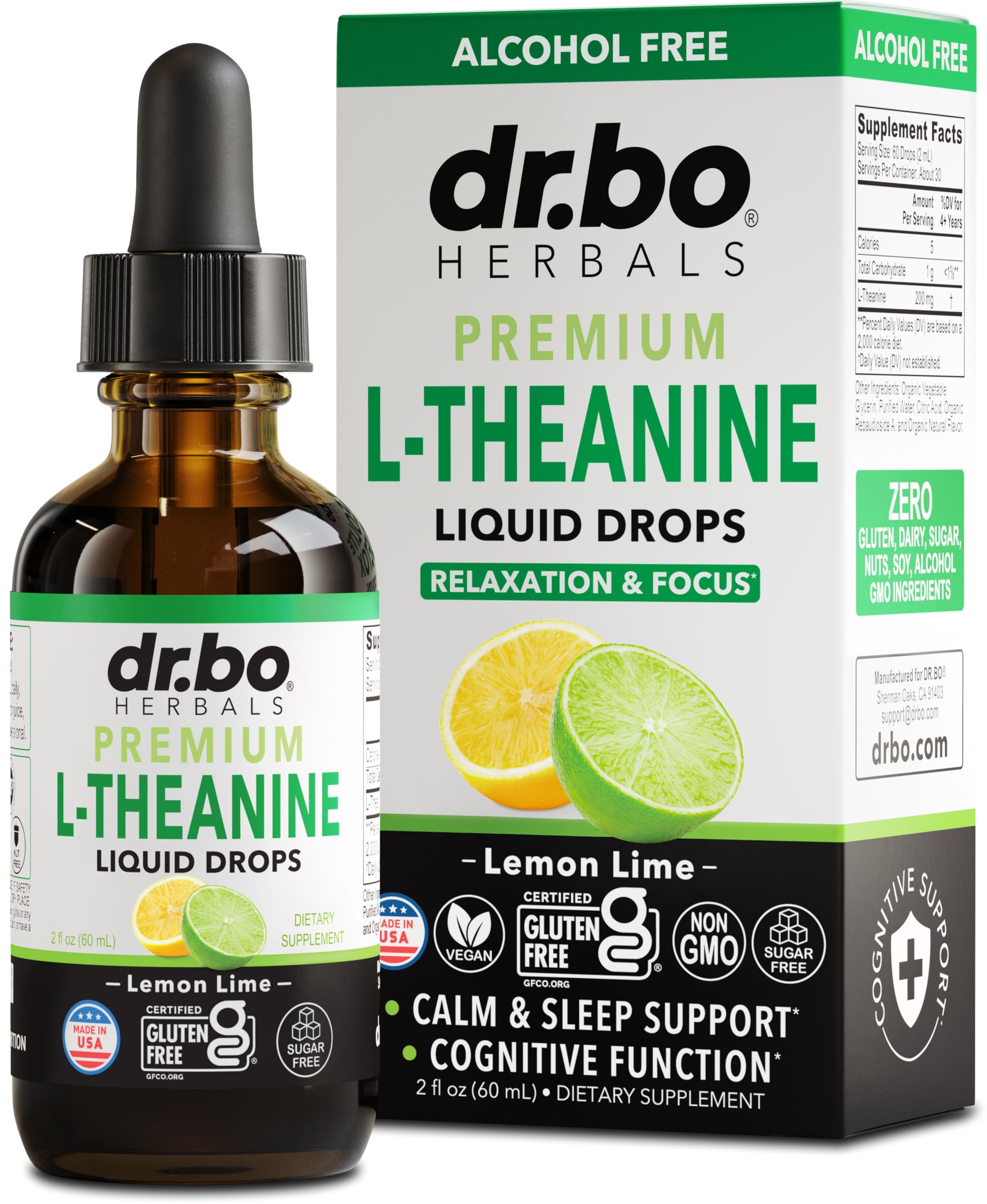 DR. BO L-Theanine 200mg Liquid Drops front view with lemon-lime label