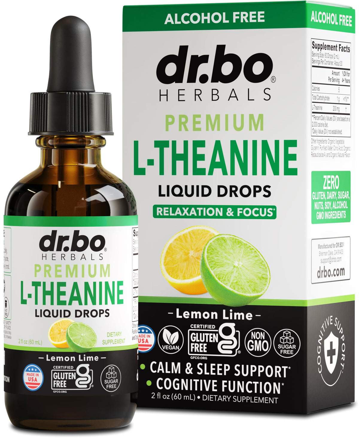 DR. BO L-Theanine 200mg Liquid Drops front view with lemon-lime label