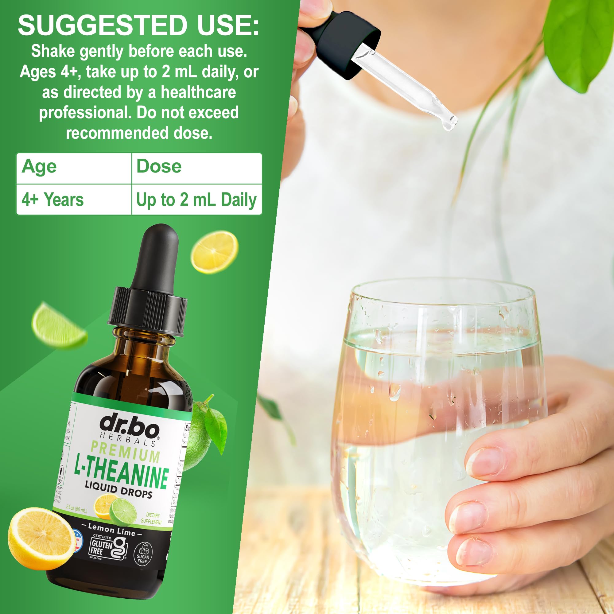 DR. BO L-Theanine 200mg Liquid Drops with a refreshing drink