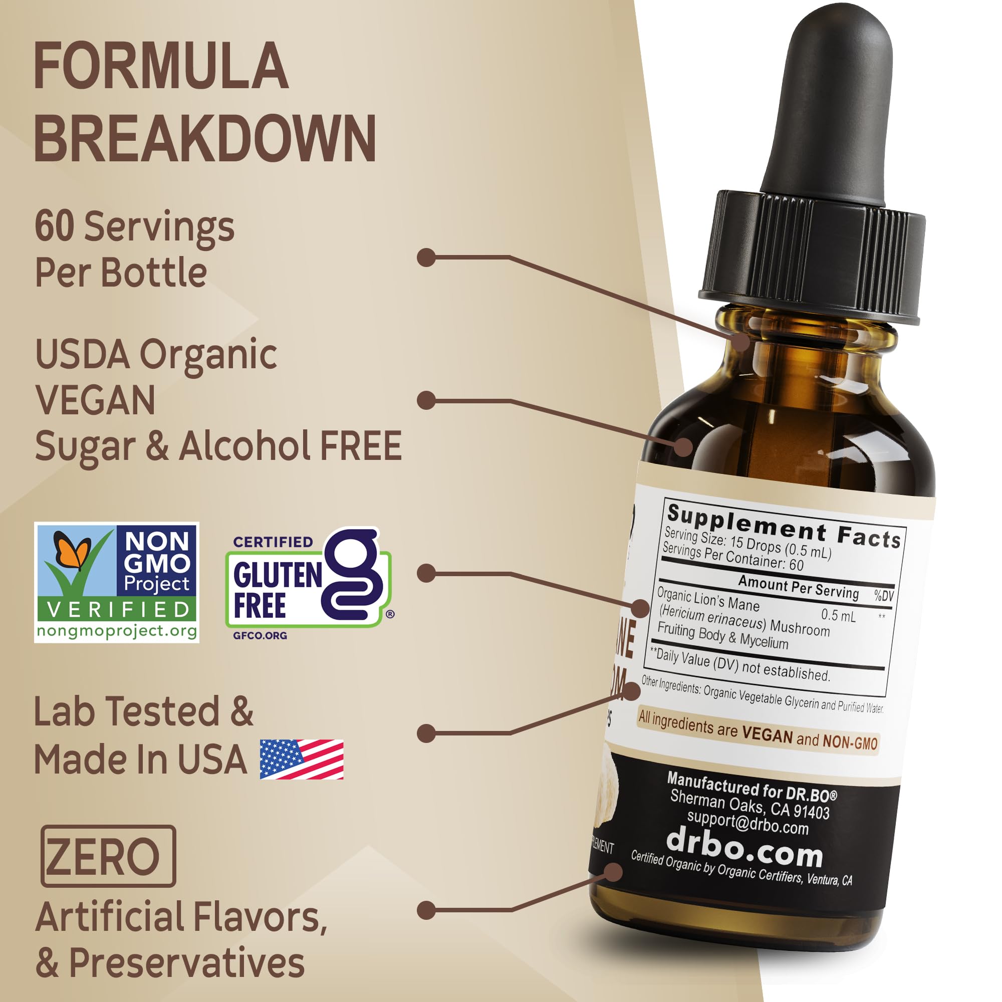 DR. BO Lion’s Mane Mushroom Supplement bottle back view