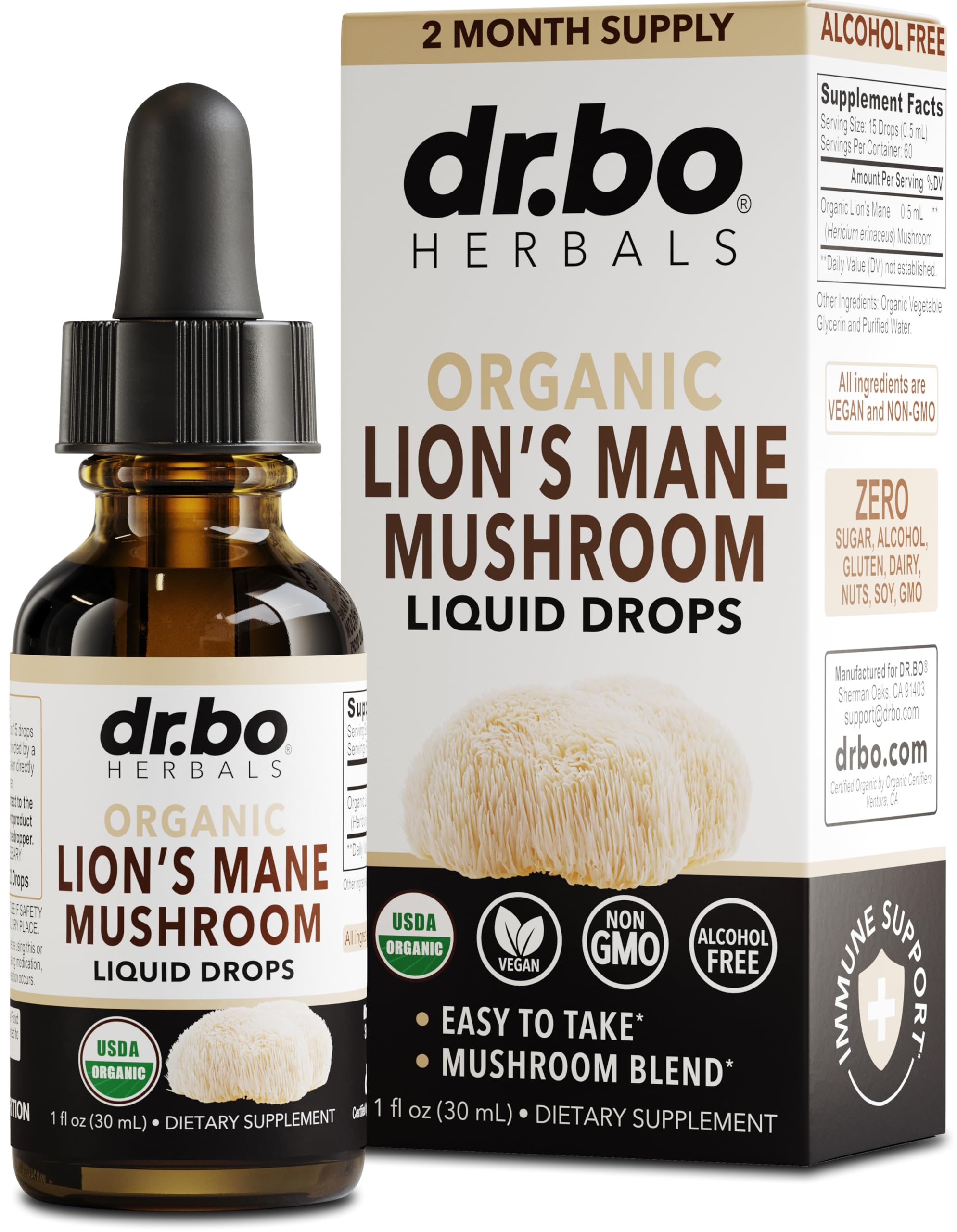 DR. BO Lion’s Mane Mushroom Supplement bottle front view