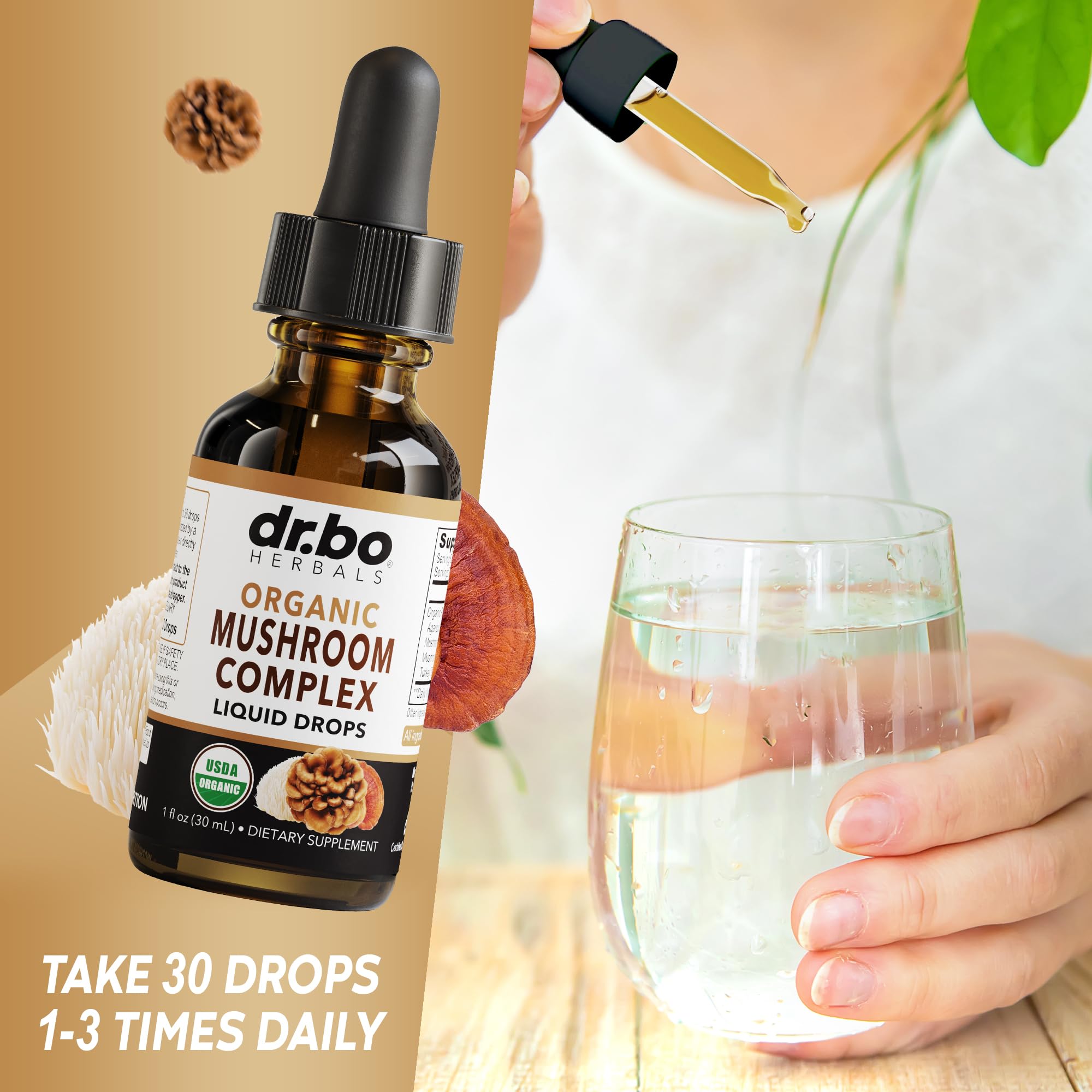 DR. BO Lions Mane Mushroom Complex Liquid Drops close-up of dropper