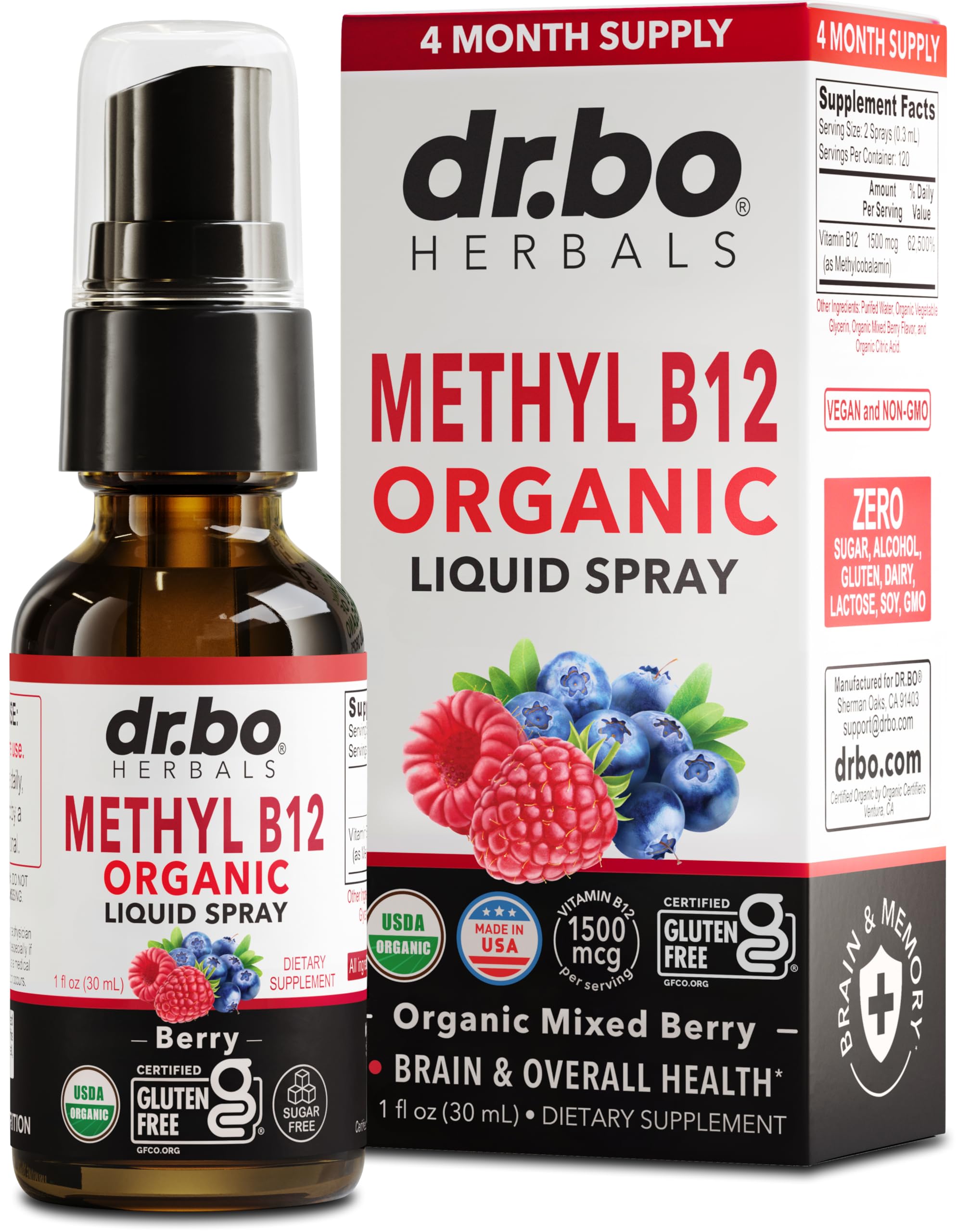 DR. BO Liquid B12 Spray bottle front view with berry flavour label