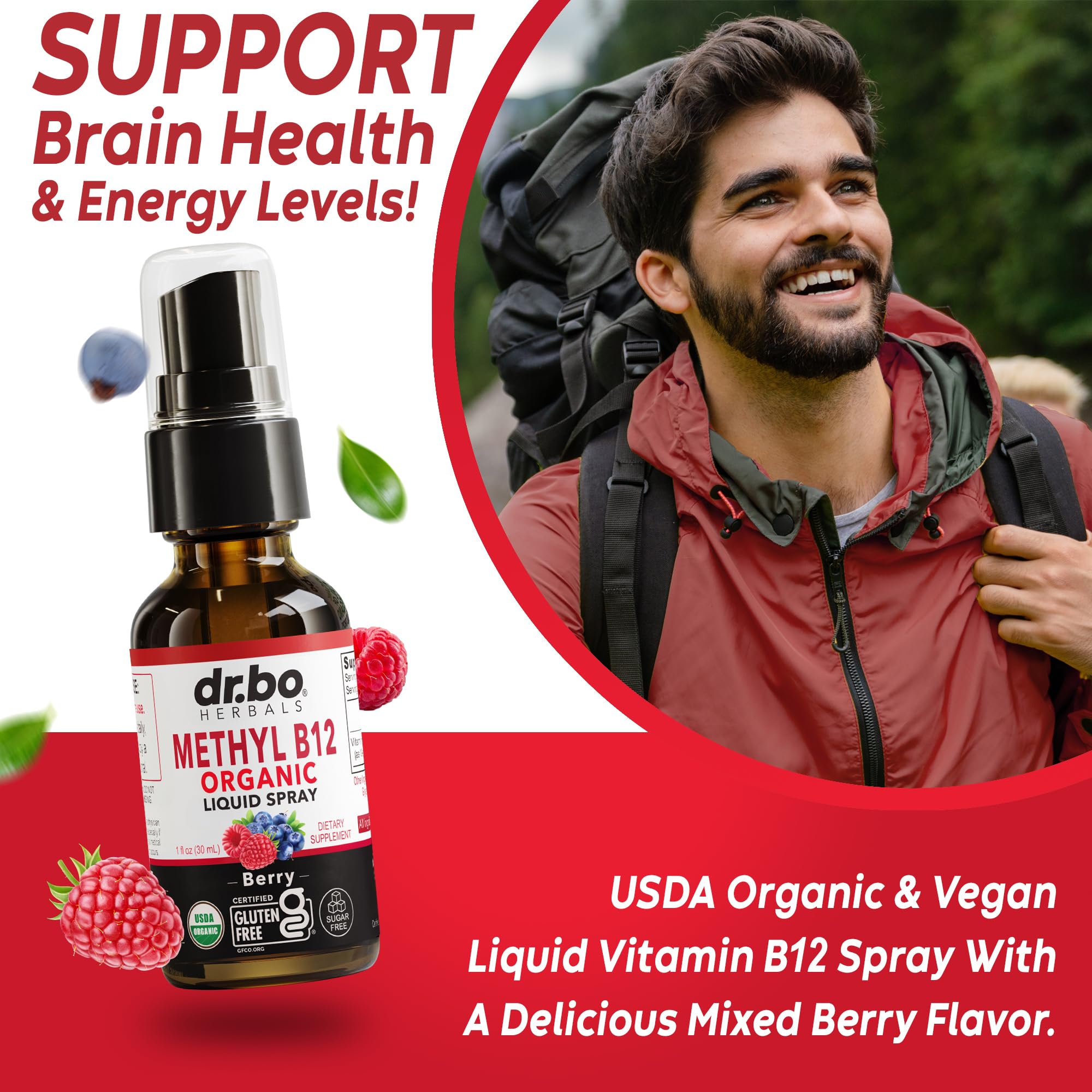 DR. BO Liquid B12 Spray bottle side view highlighting the organic certification