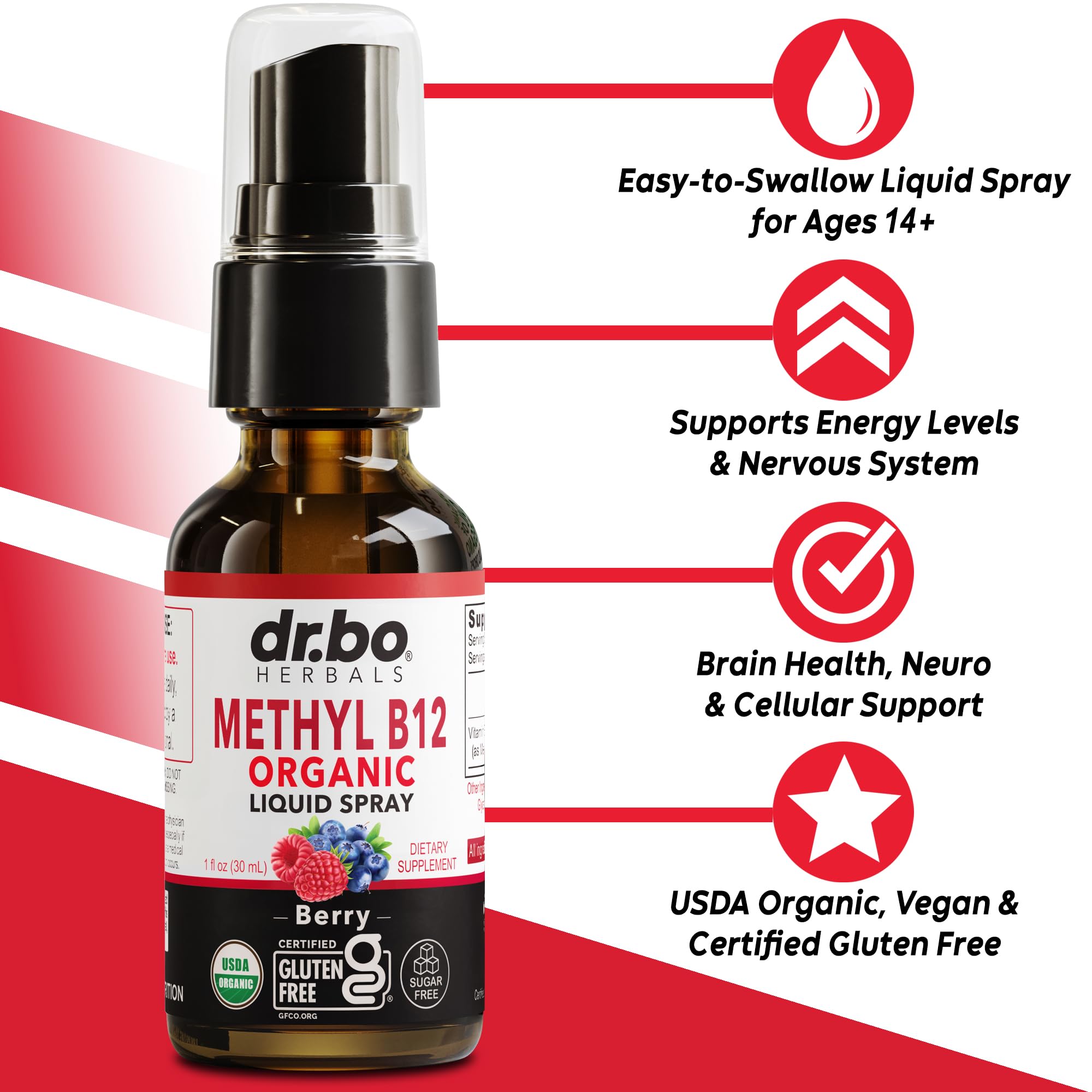 DR. BO Liquid B12 Spray showing dosage instructions on the back