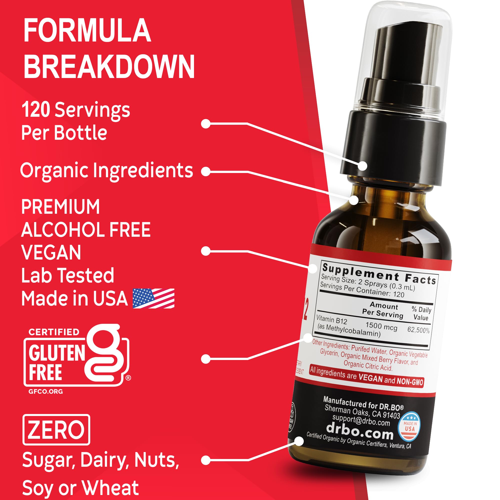 DR. BO Liquid B12 Spray with a hand holding the bottle