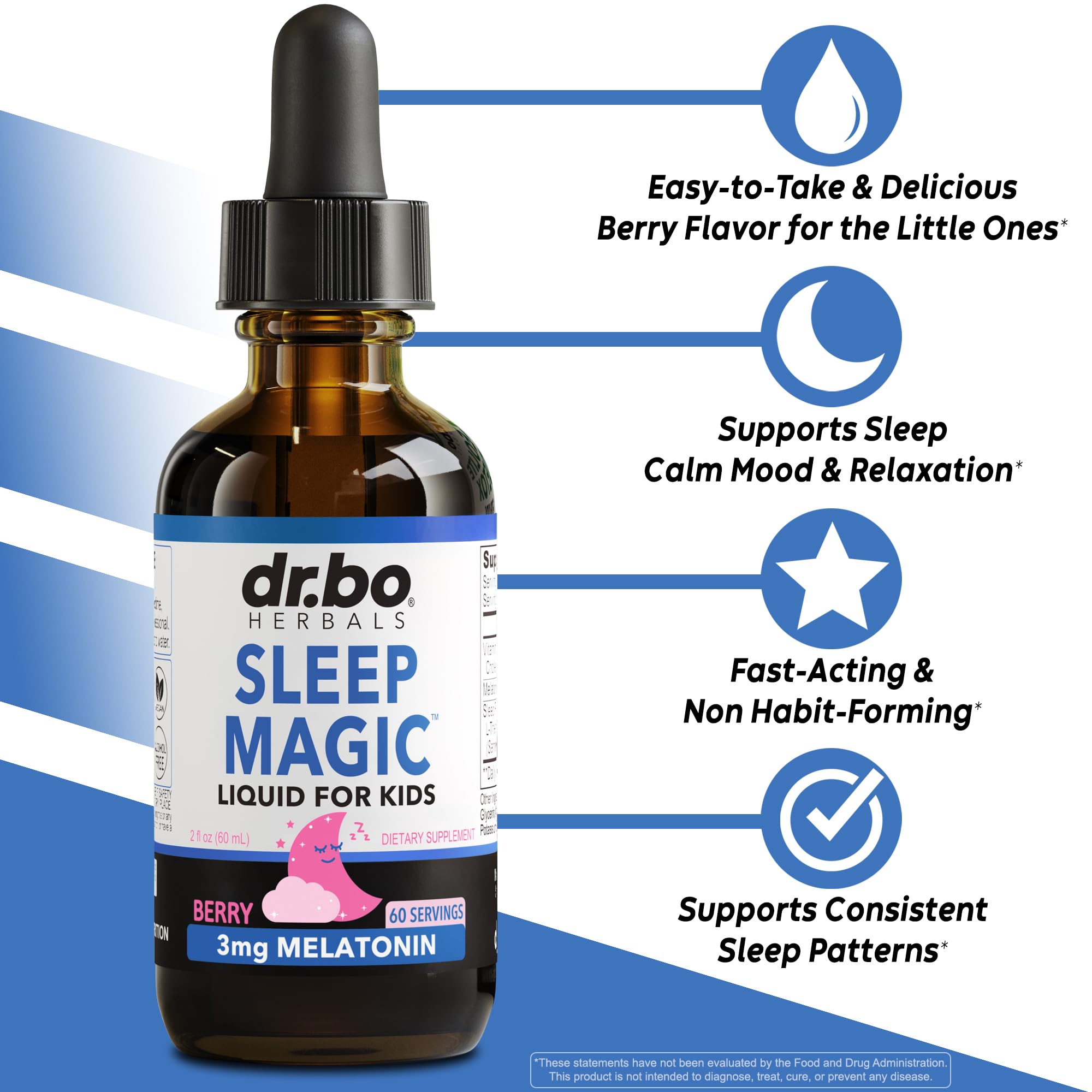DR. BO Liquid Melatonin Kids Sleep Aid 3mg Berry Drops bottle with label