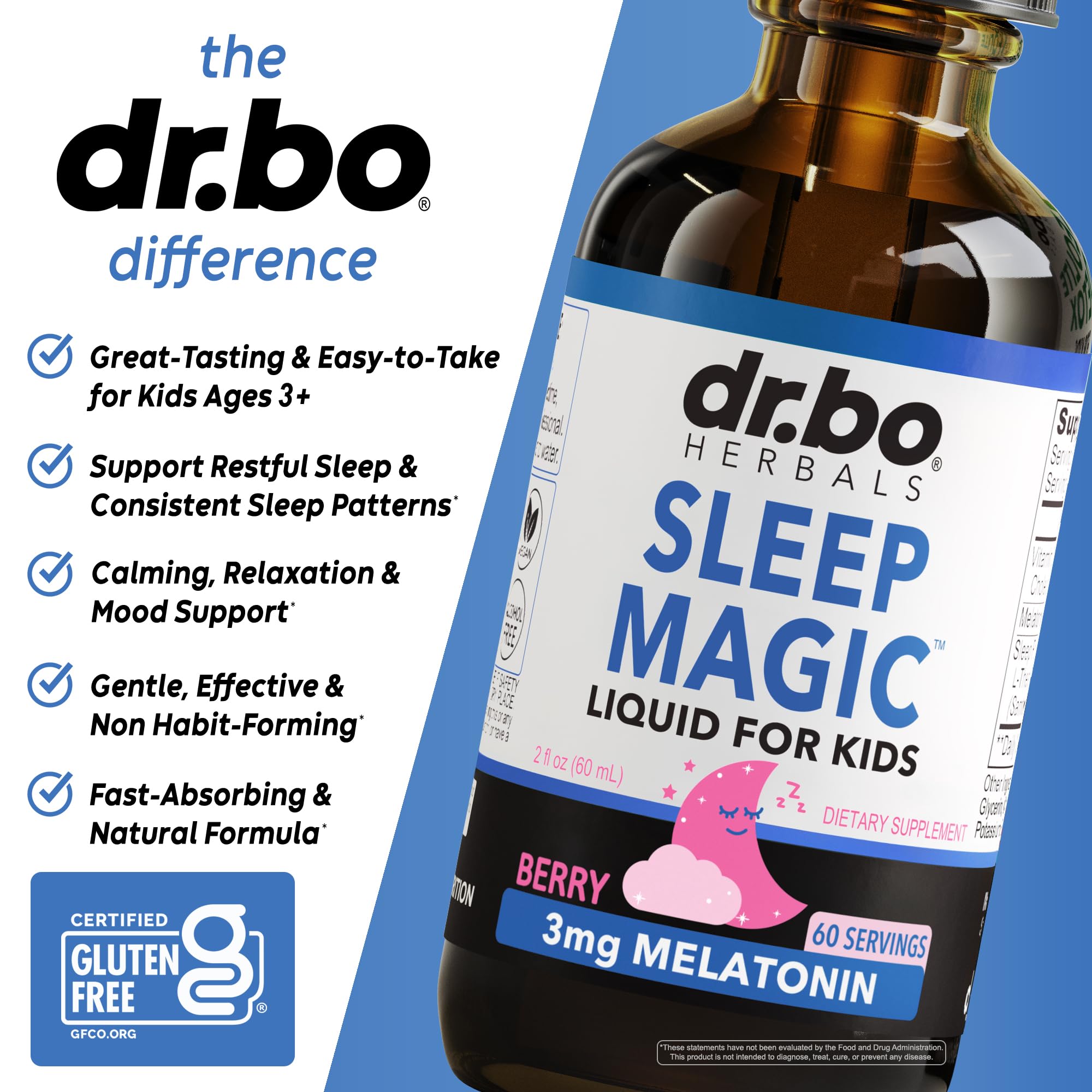 DR. BO Liquid Melatonin Kids Sleep Aid 3mg Berry Drops in a child's hand