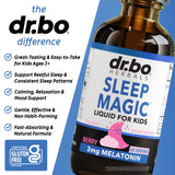 DR. BO Liquid Melatonin Kids Sleep Aid 3mg Berry Drops in a child's hand