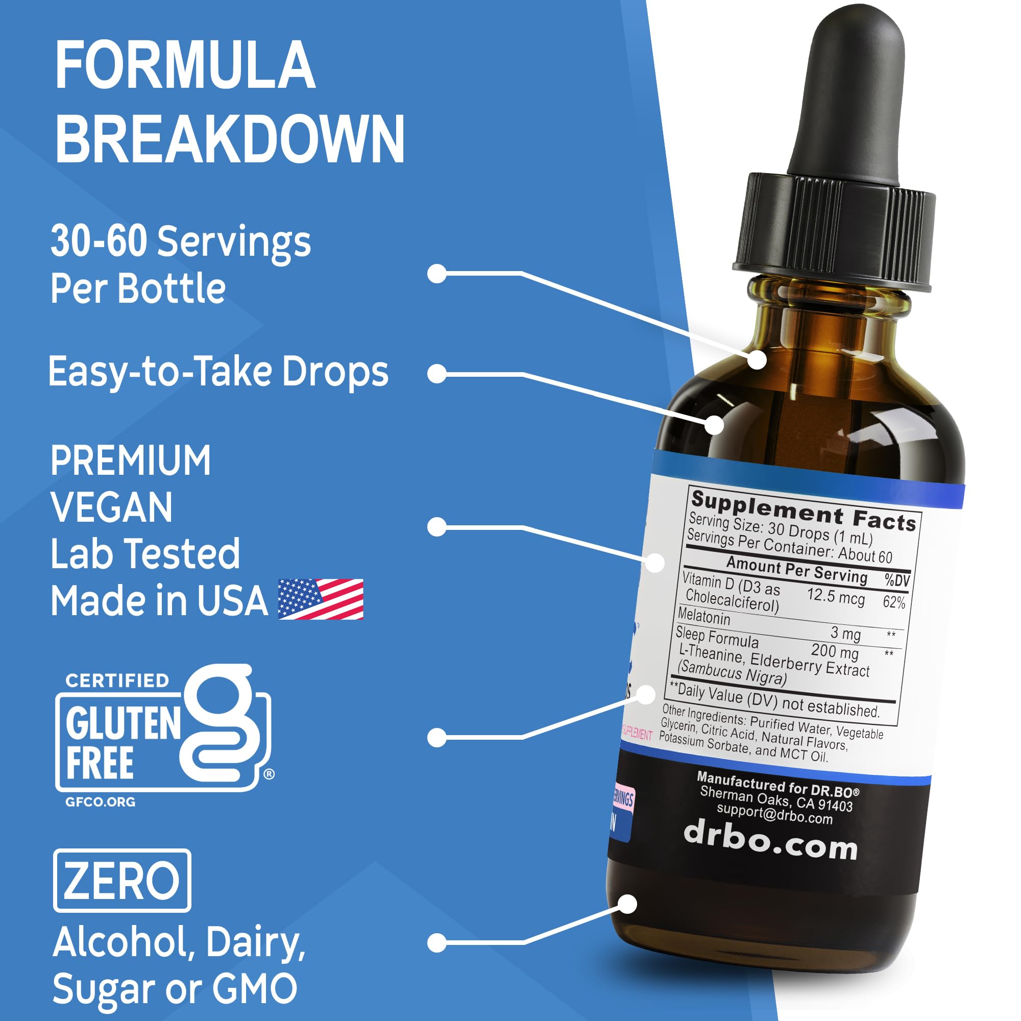 DR. BO Liquid Melatonin Kids Sleep Aid 3mg Berry Drops in a glass
