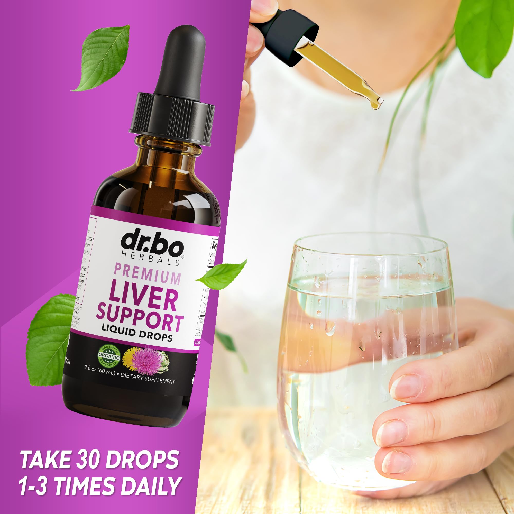 DR. BO Liver Support Drops on a kitchen counter