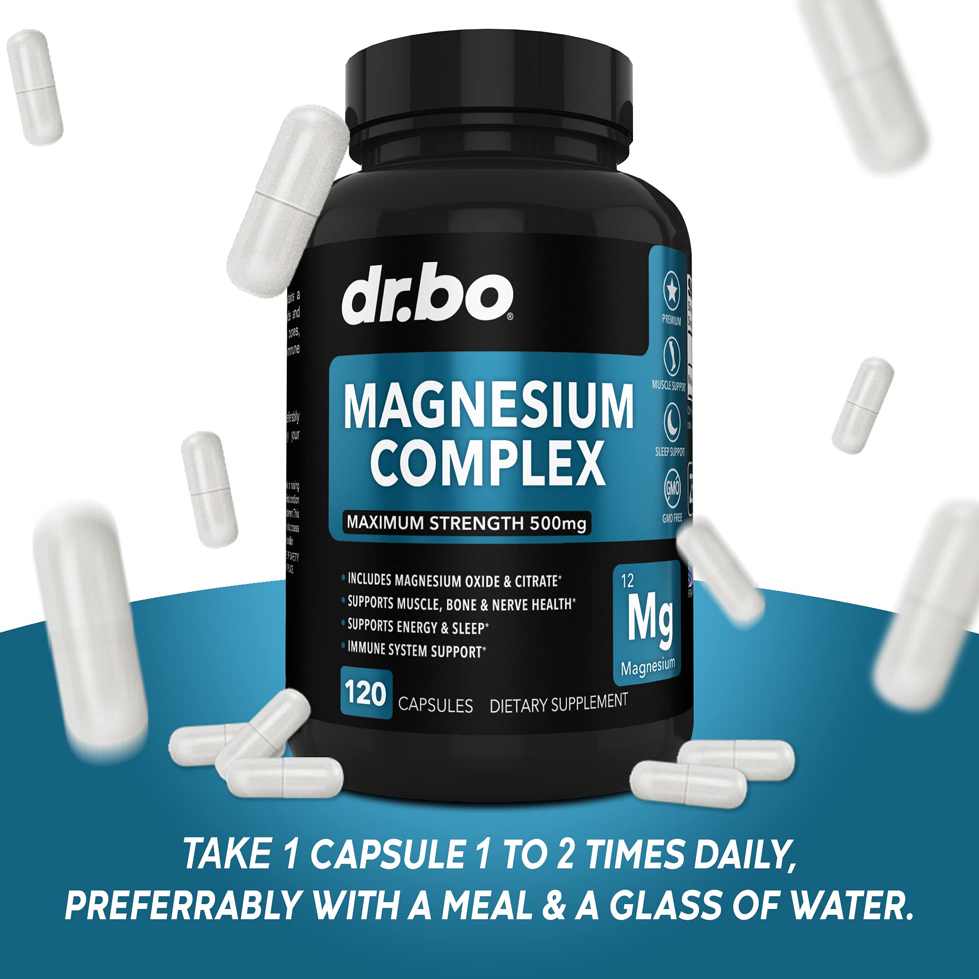 DR. BO Magnesium Complex 500mg Capsules back view with ingredients