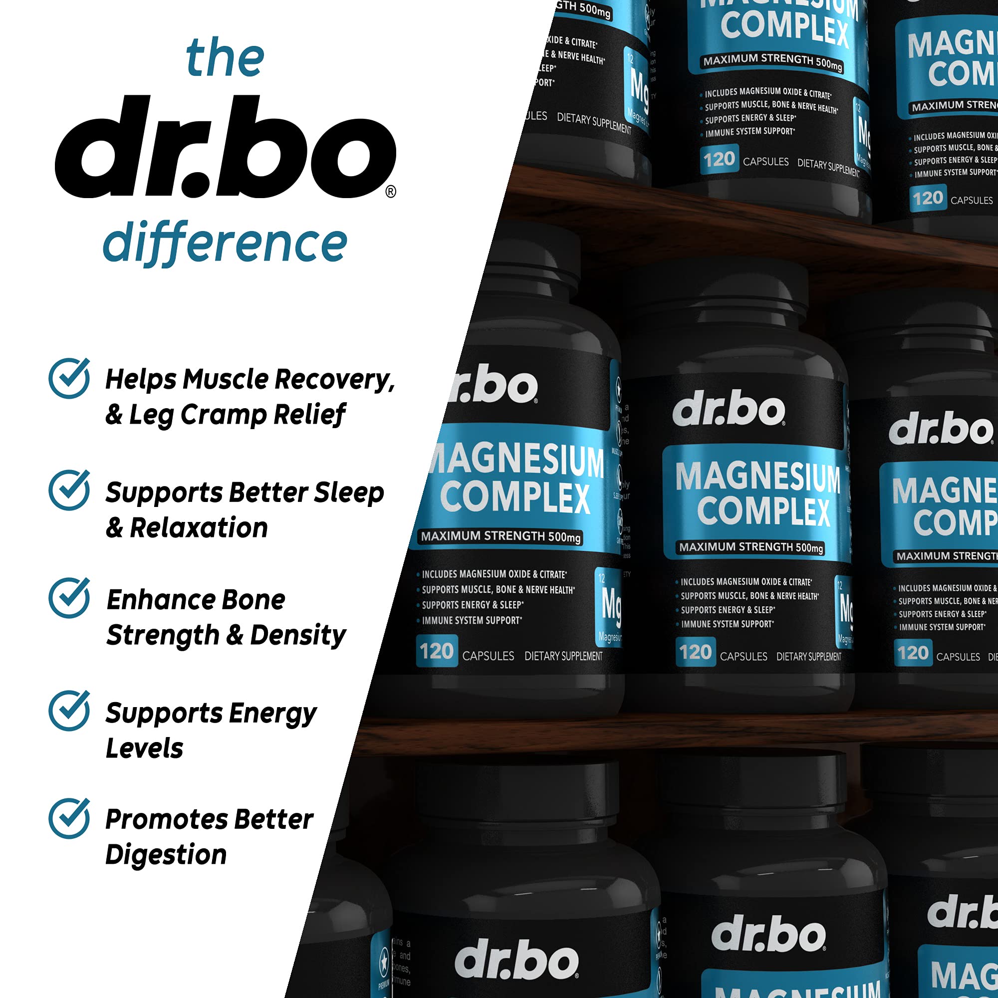 DR. BO Magnesium Complex 500mg Capsules on a wooden table
