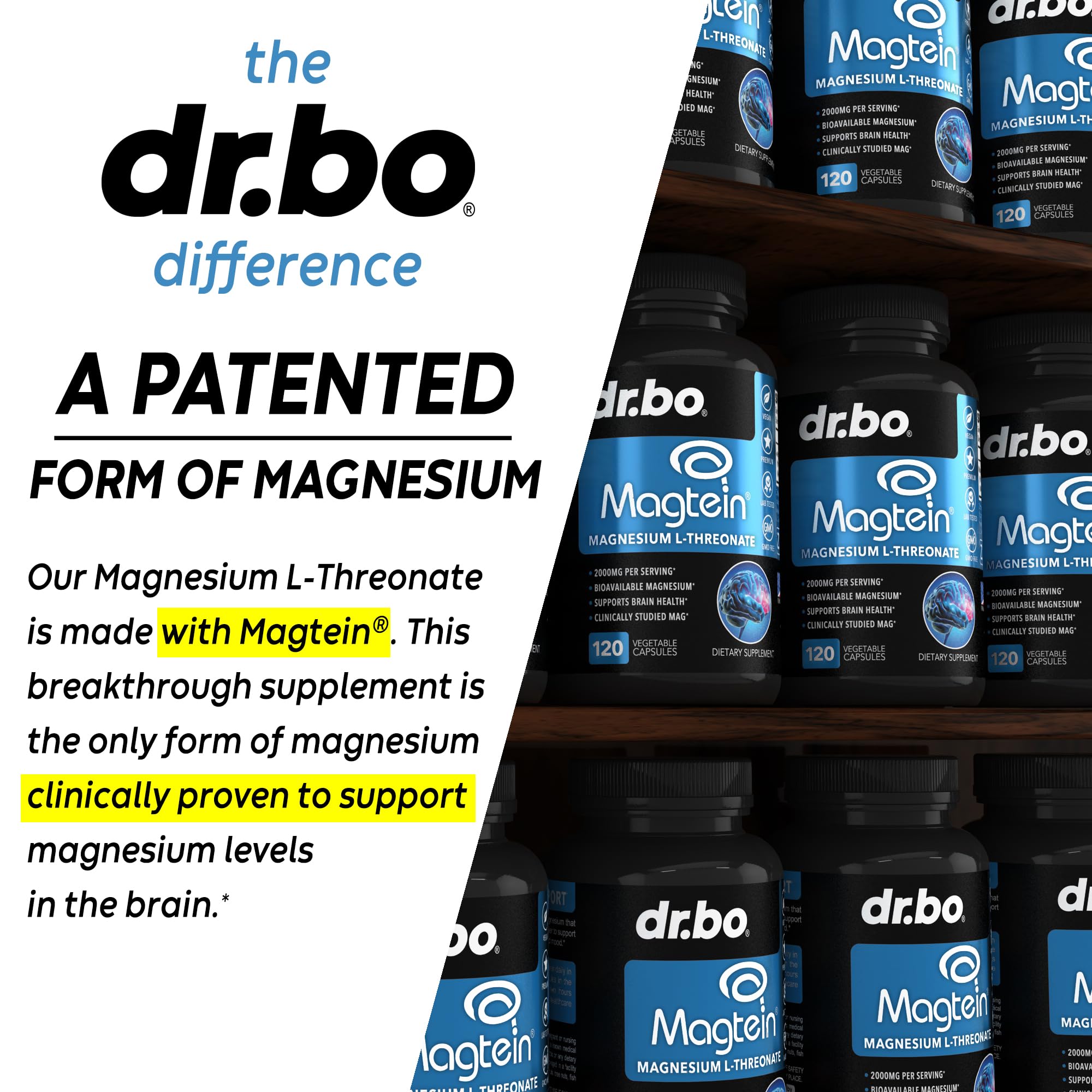 DR. BO Magnesium L-Threonate 2000mg capsules on a wooden table