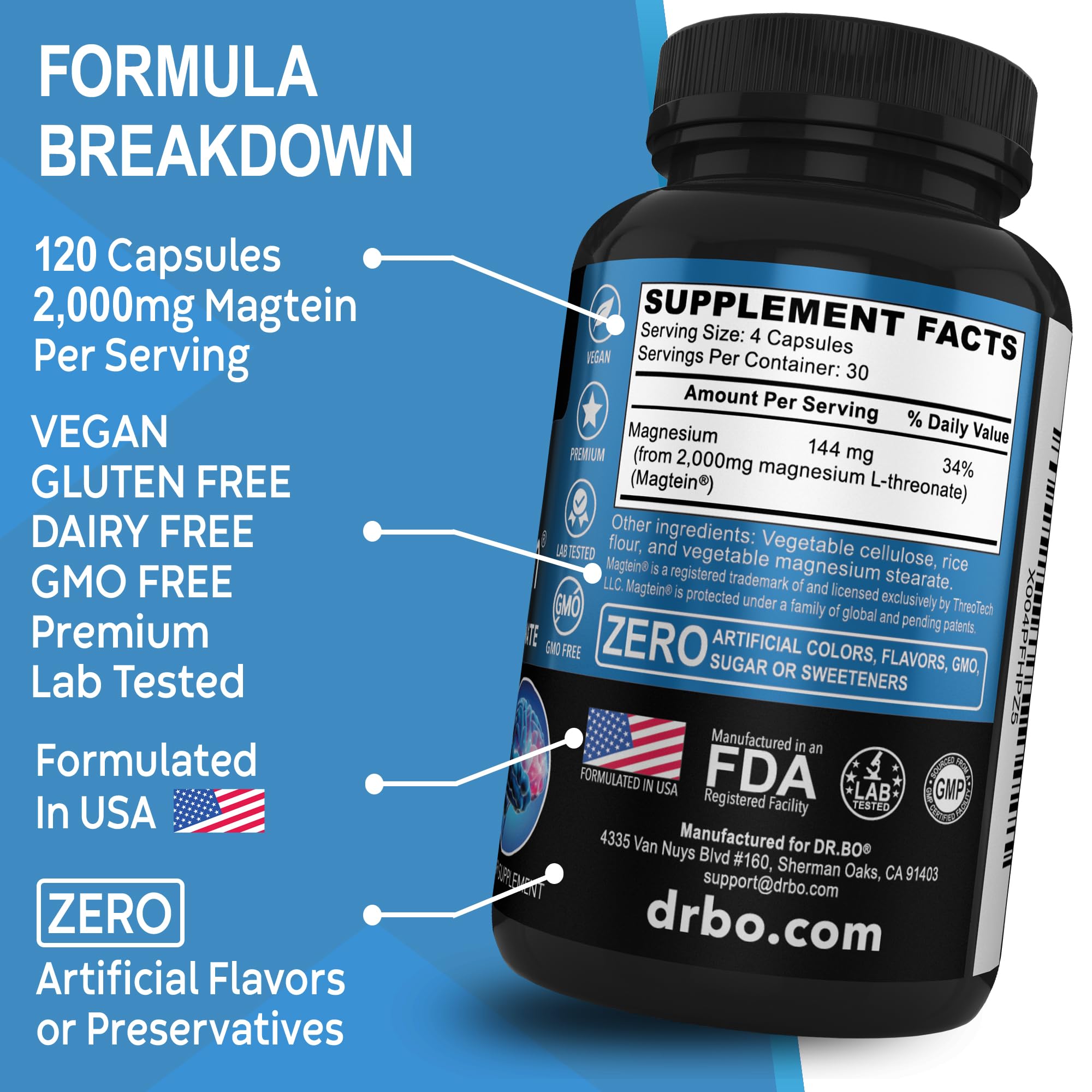 DR. BO Magnesium L-Threonate 2000mg capsules packaging details