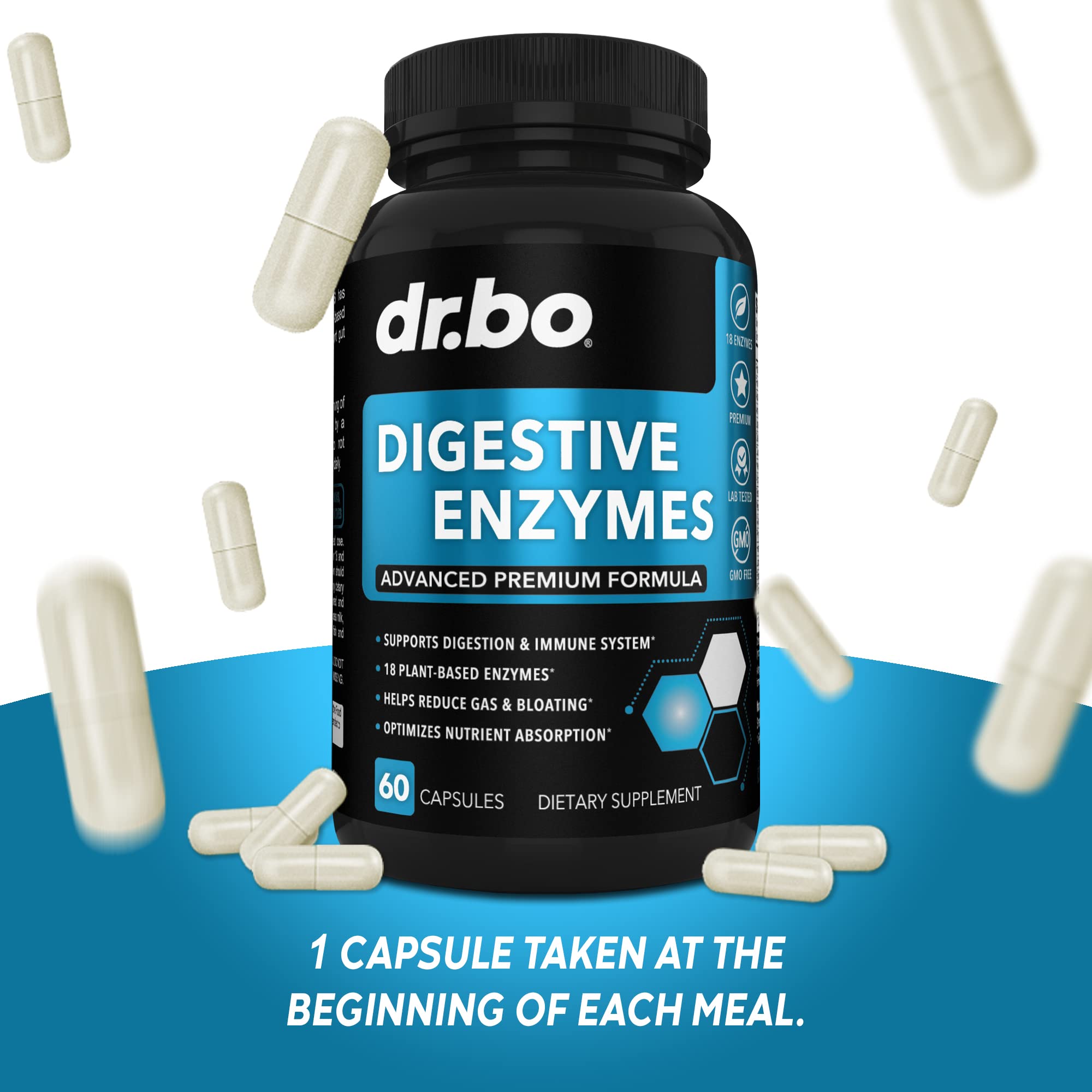 DR. BO Multi-Enzymes Supplement lifestyle scene with a glass of water