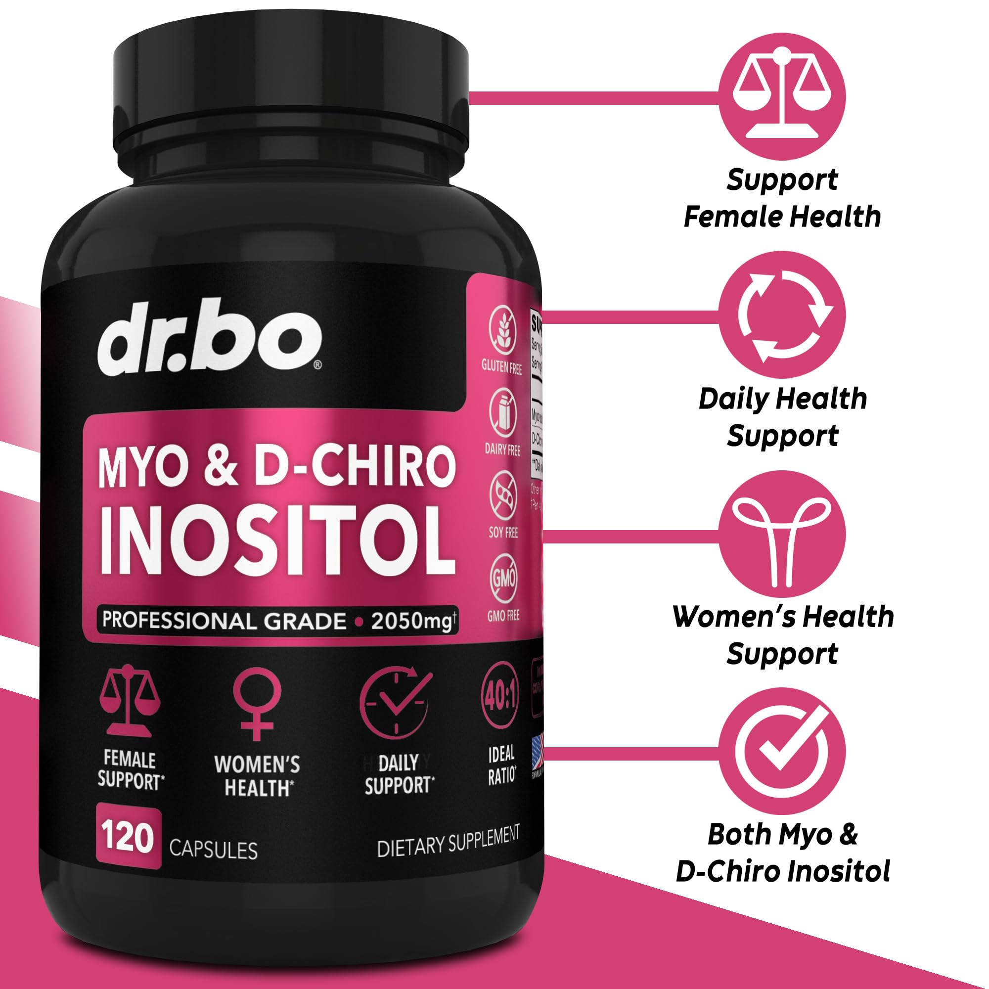 DR. BO Myo-Inositol & D-Chiro Inositol Supplement bottle side view