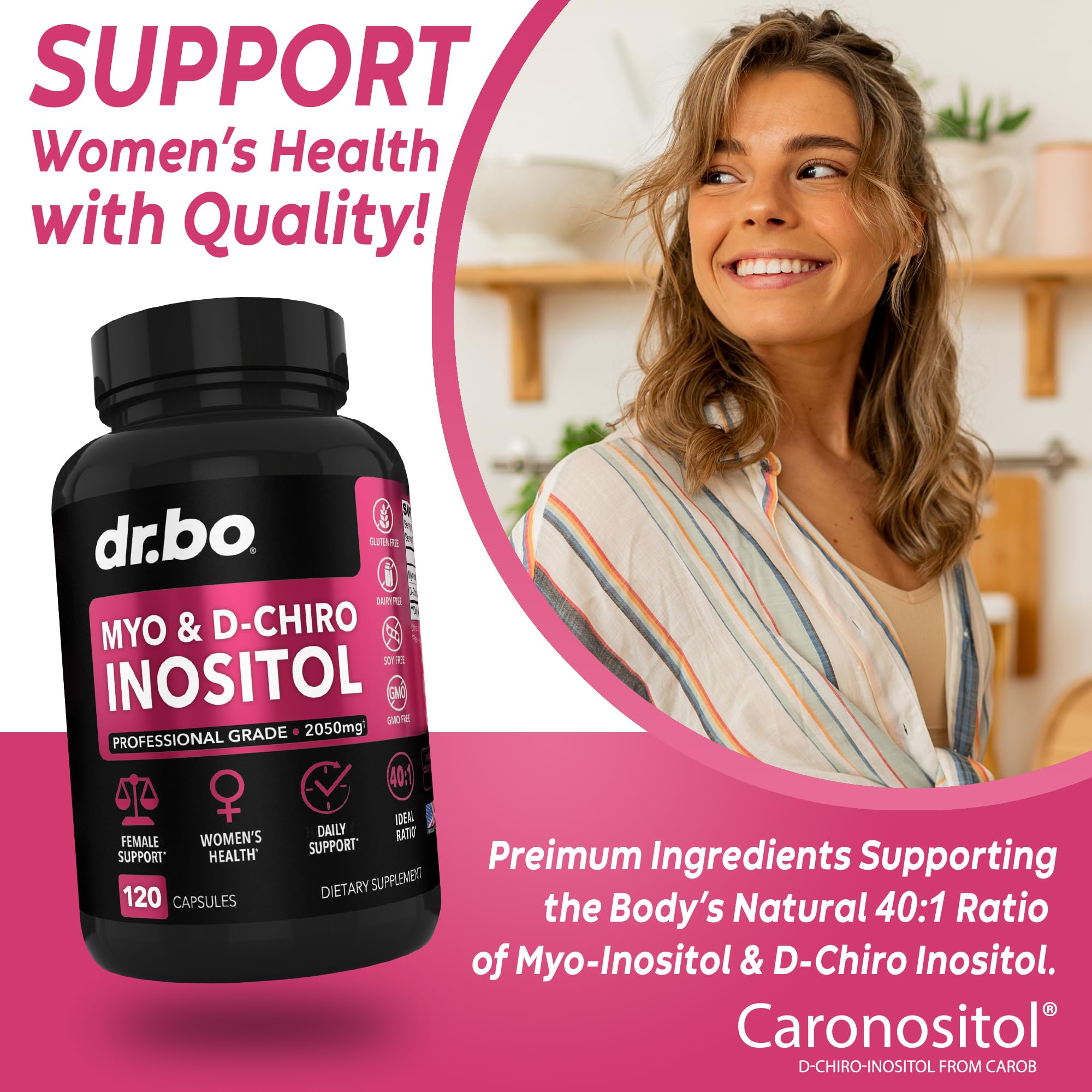 DR. BO Myo-Inositol & D-Chiro Inositol Supplement capsules close-up