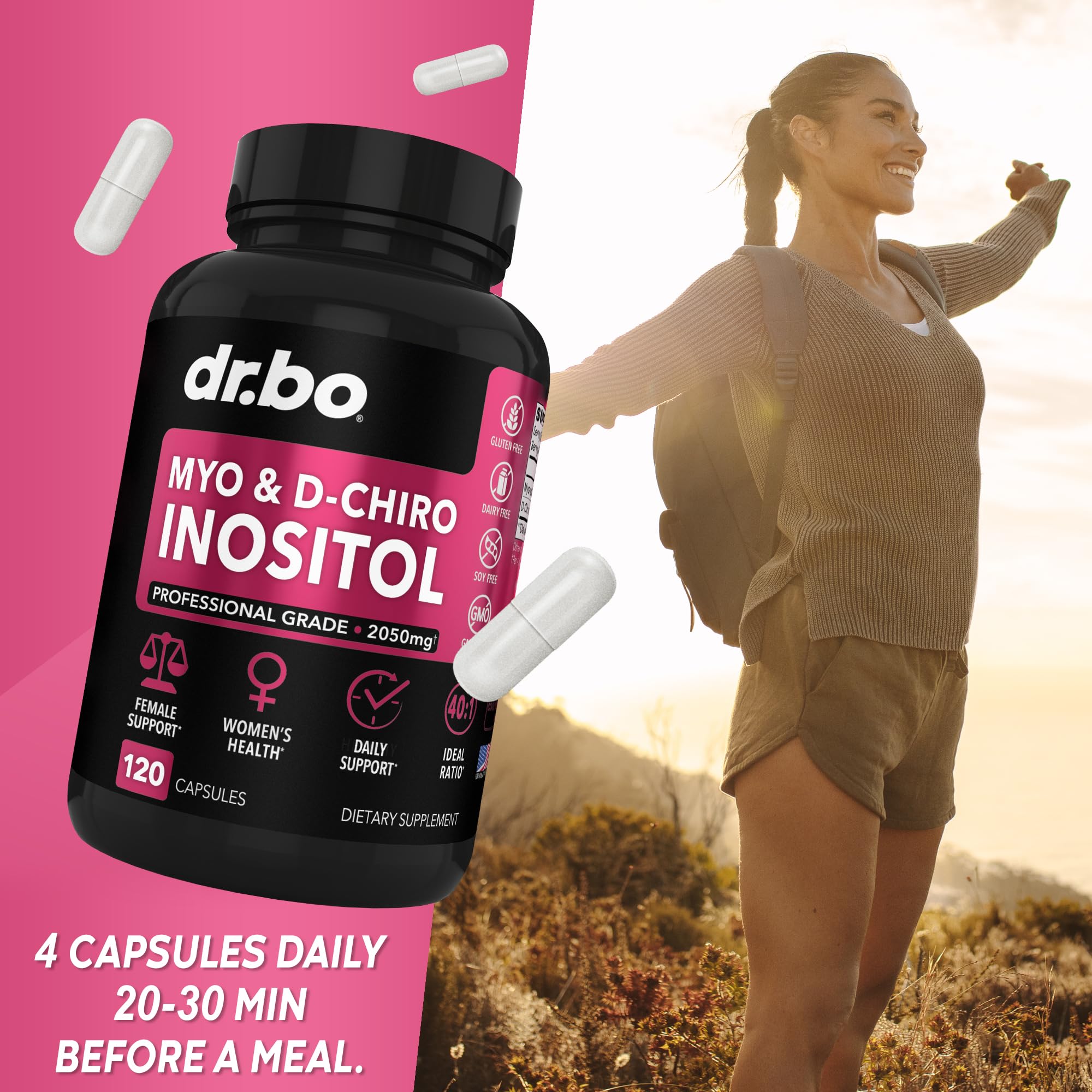 DR. BO Myo-Inositol & D-Chiro Inositol Supplement on a wooden table