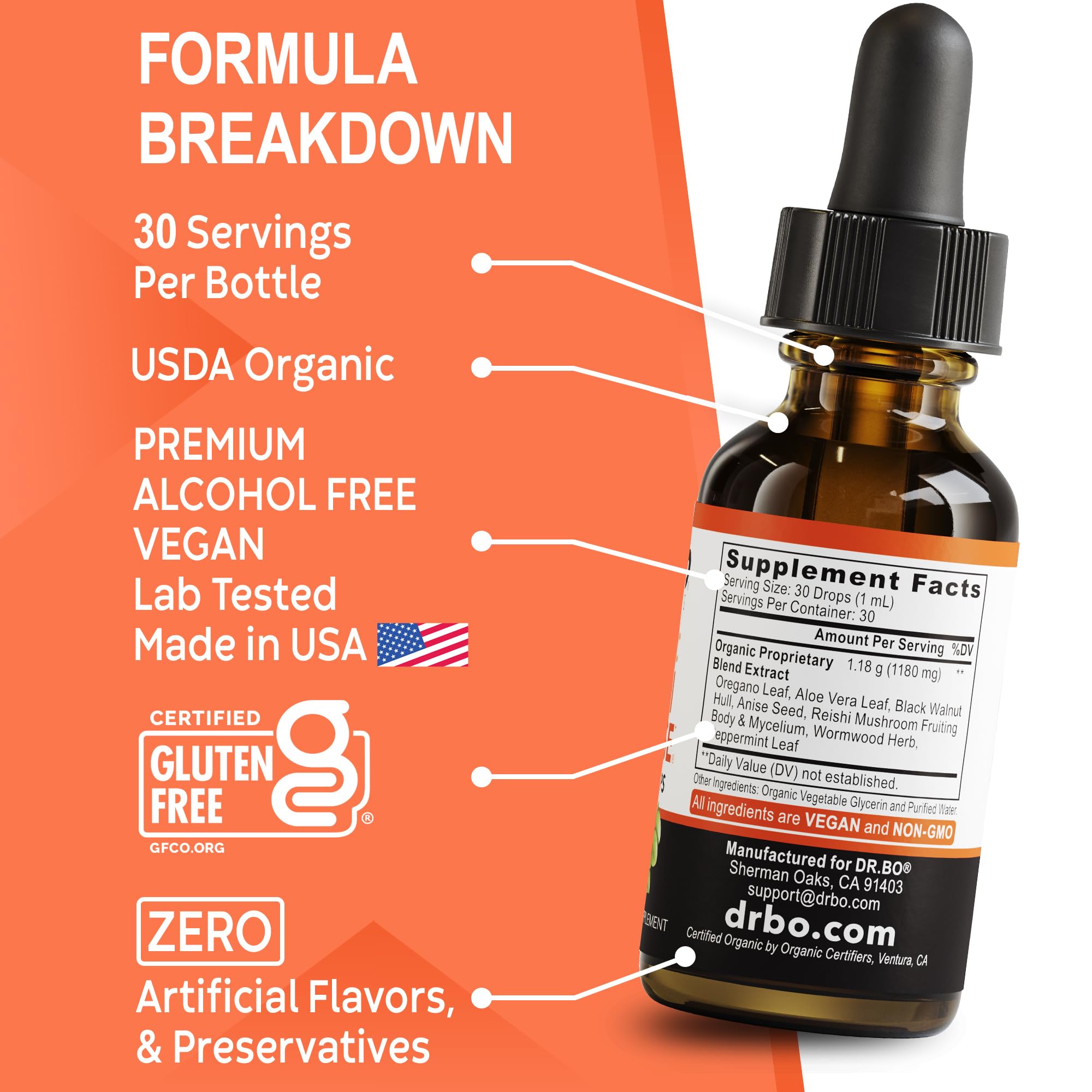 DR. BO Oregano Oil Drops 1180mg bottle with measuring spoon
