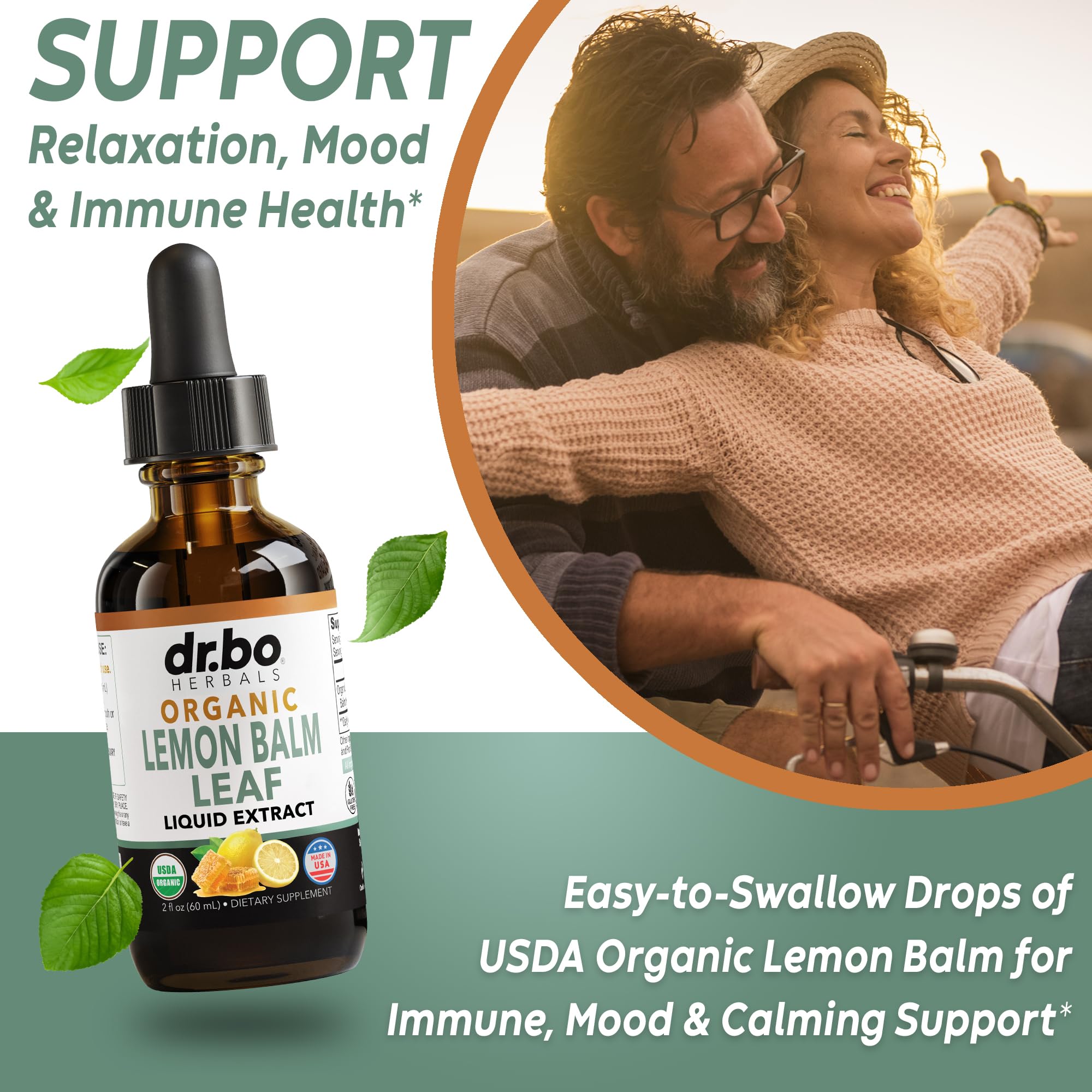 DR. BO Organic Lemon Balm Extract Tincture 2oz drops in a spoon