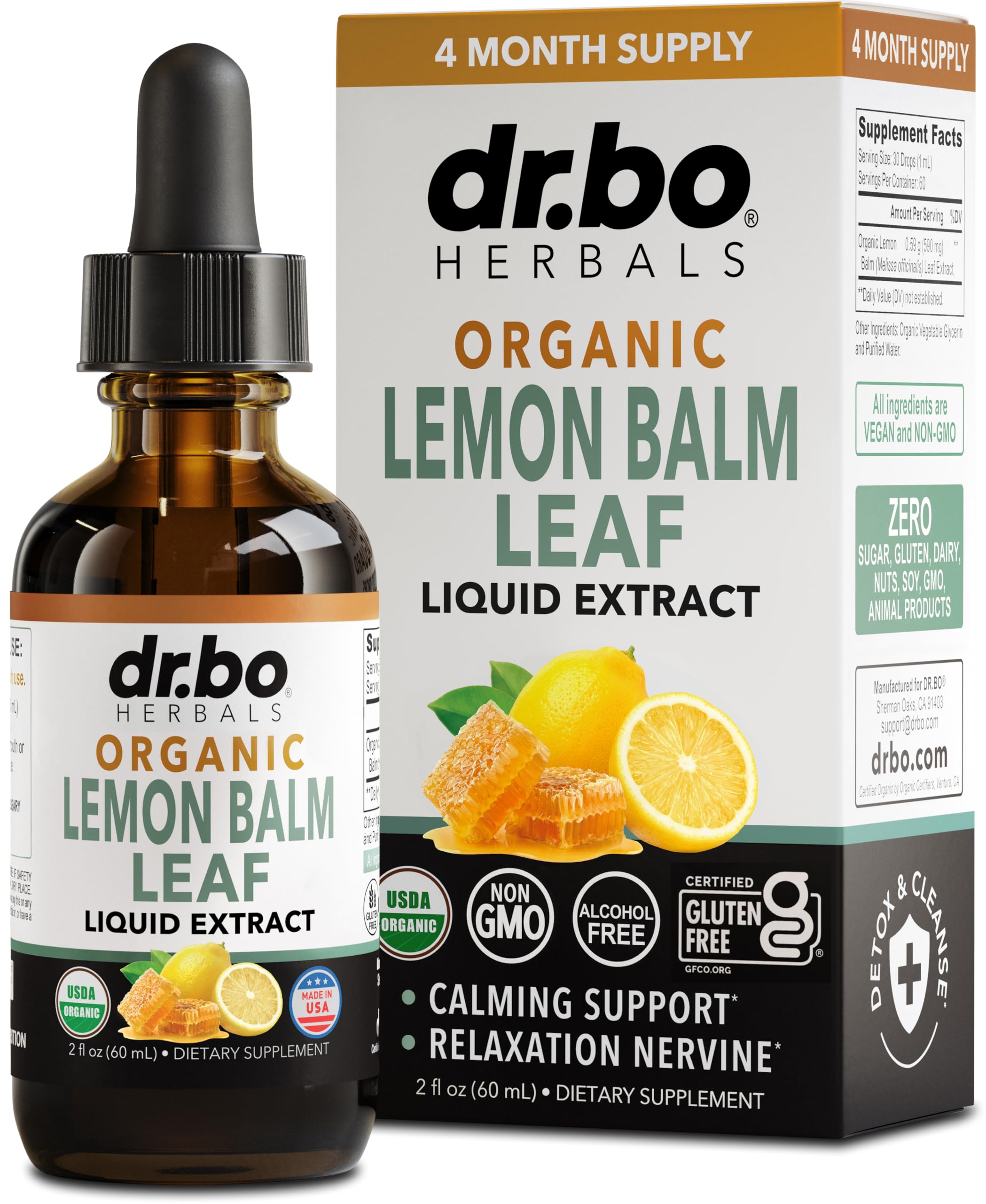 DR. BO Organic Lemon Balm Extract Tincture 2oz front view