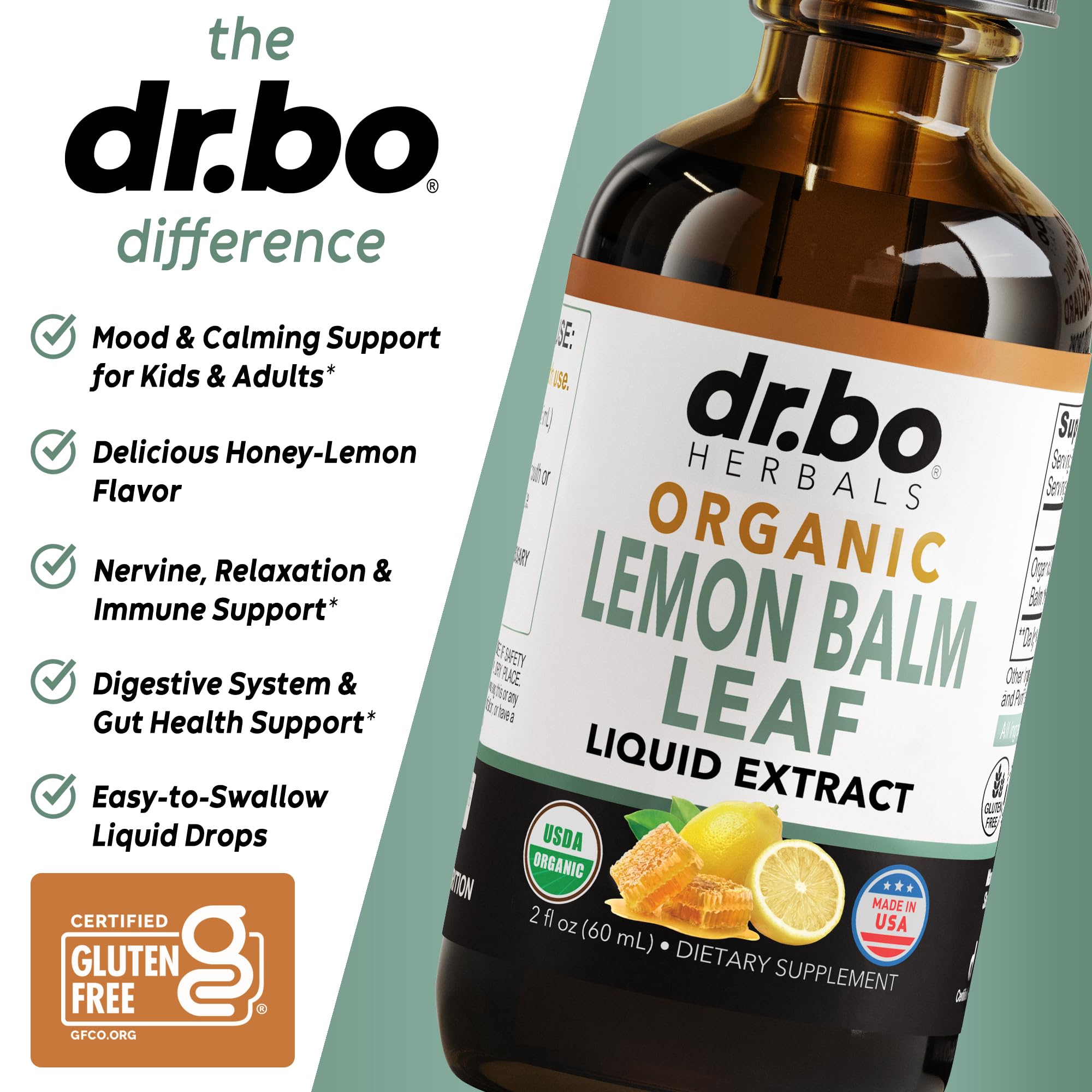 DR. BO Organic Lemon Balm Extract Tincture 2oz with lemon balm leaves