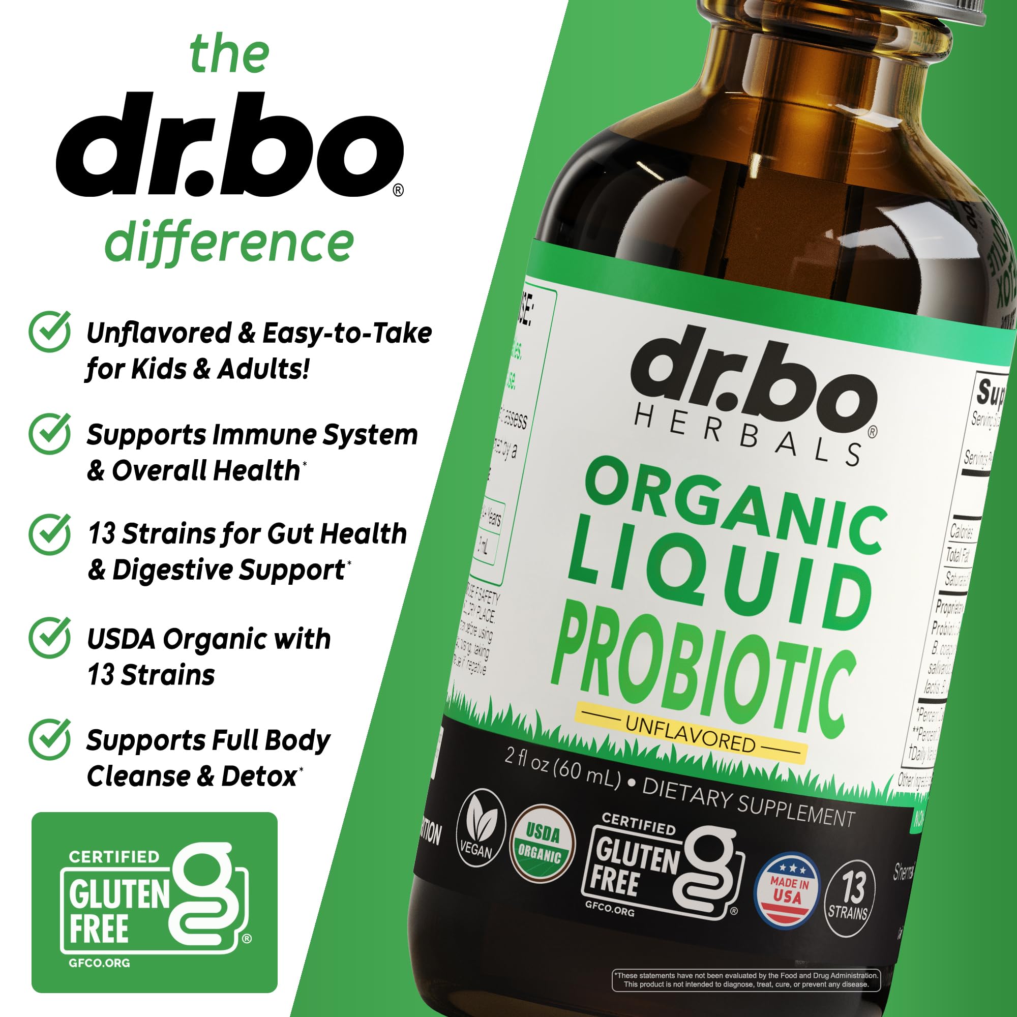 DR. BO Organic Liquid Probiotic Drops back view with ingredient list
