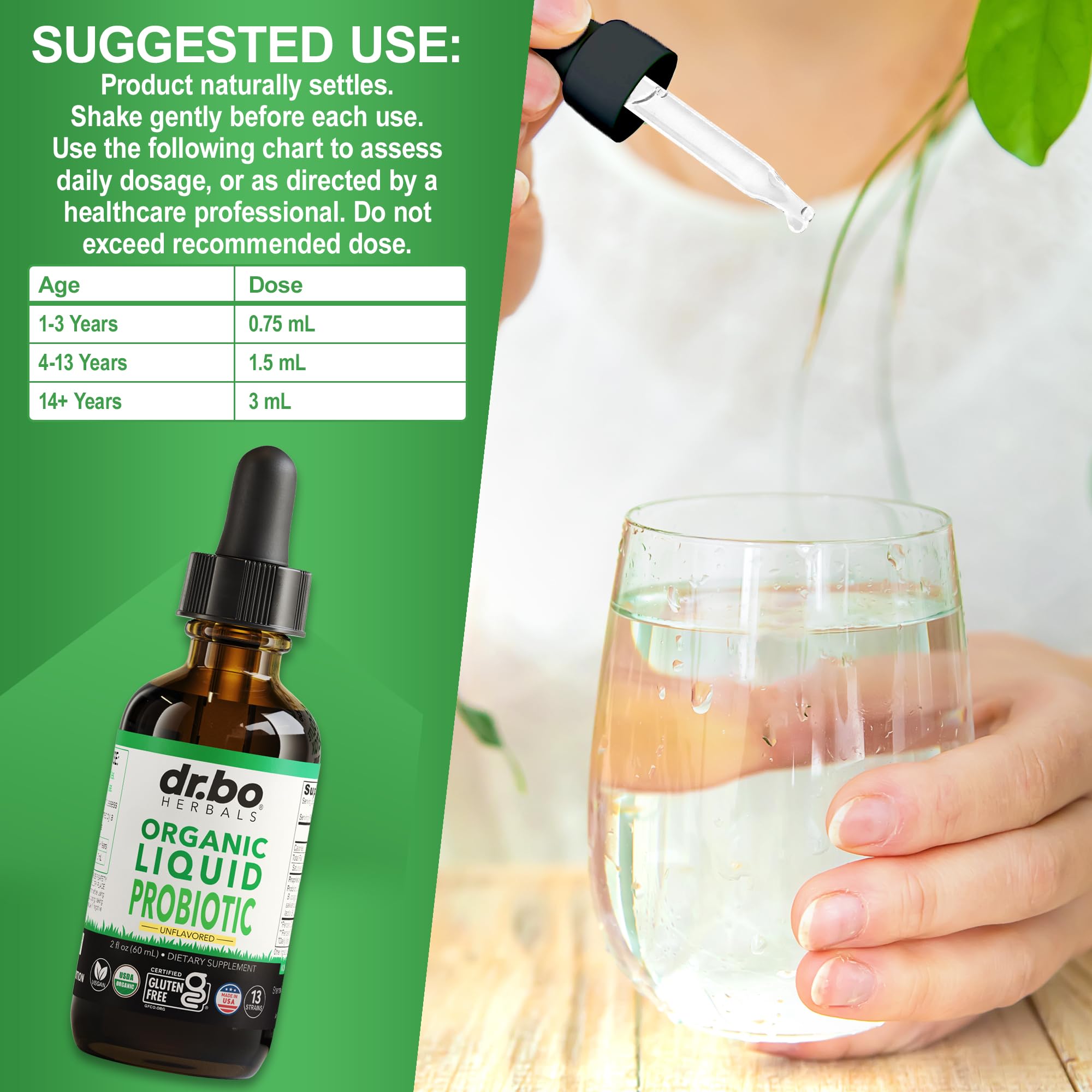 DR. BO Organic Liquid Probiotic Drops bottle with measuring spoon
