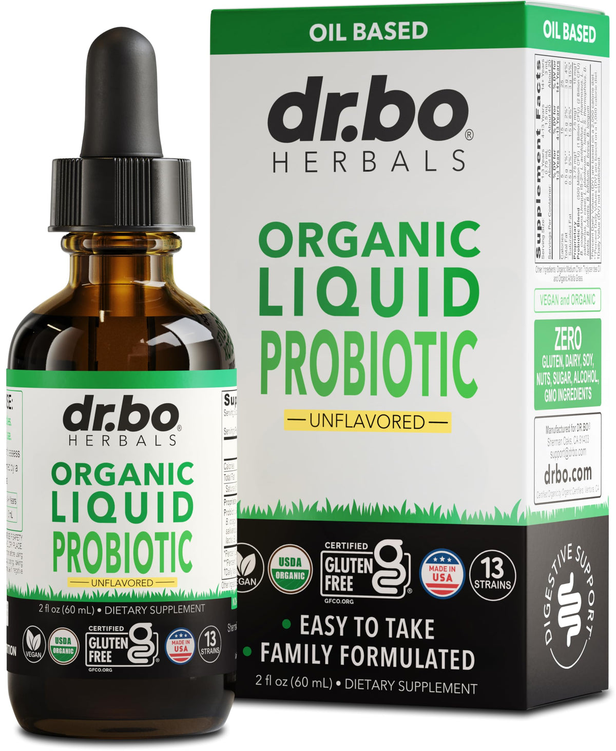 DR. BO Organic Liquid Probiotic Drops front view with packaging