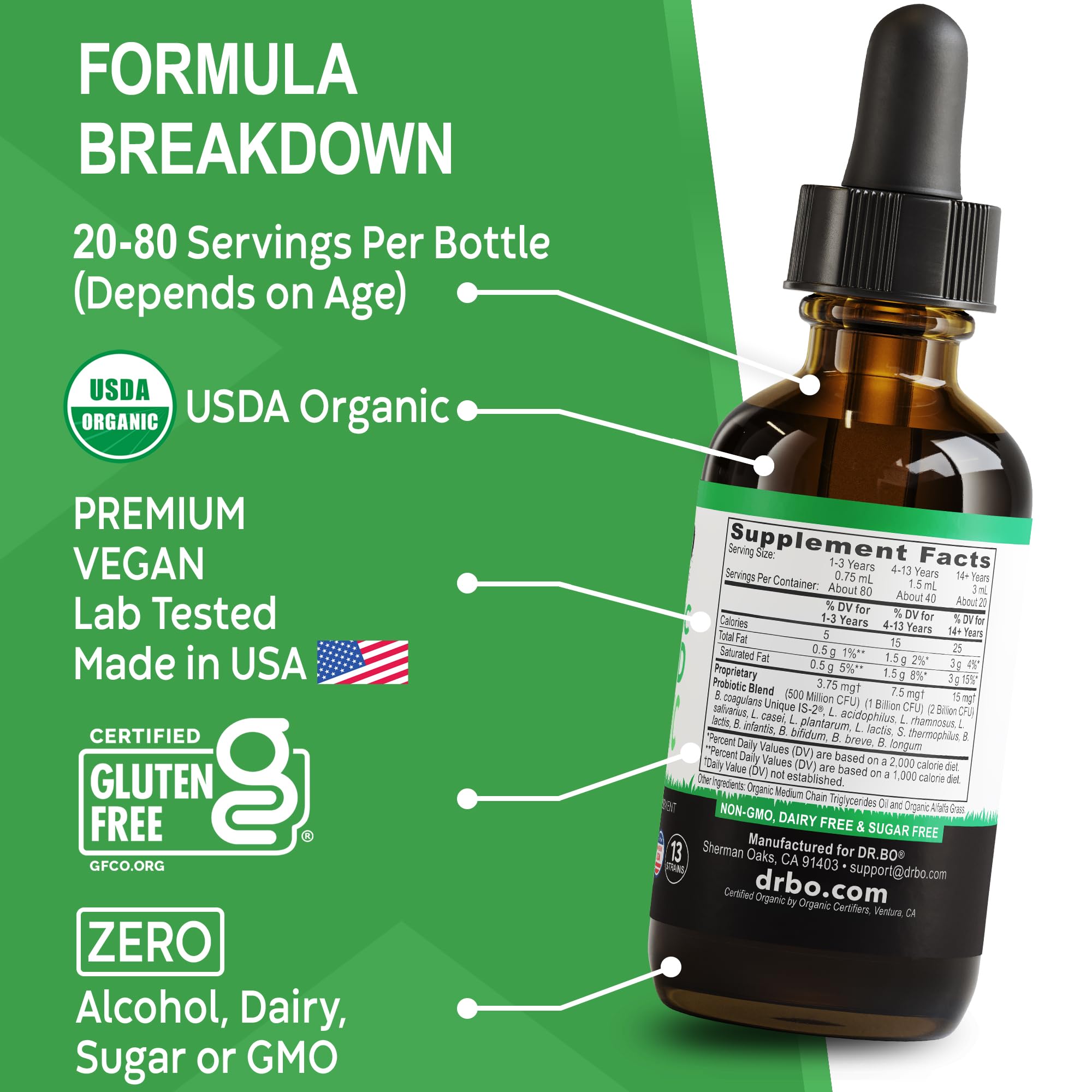 DR. BO Organic Liquid Probiotic Drops packaging details