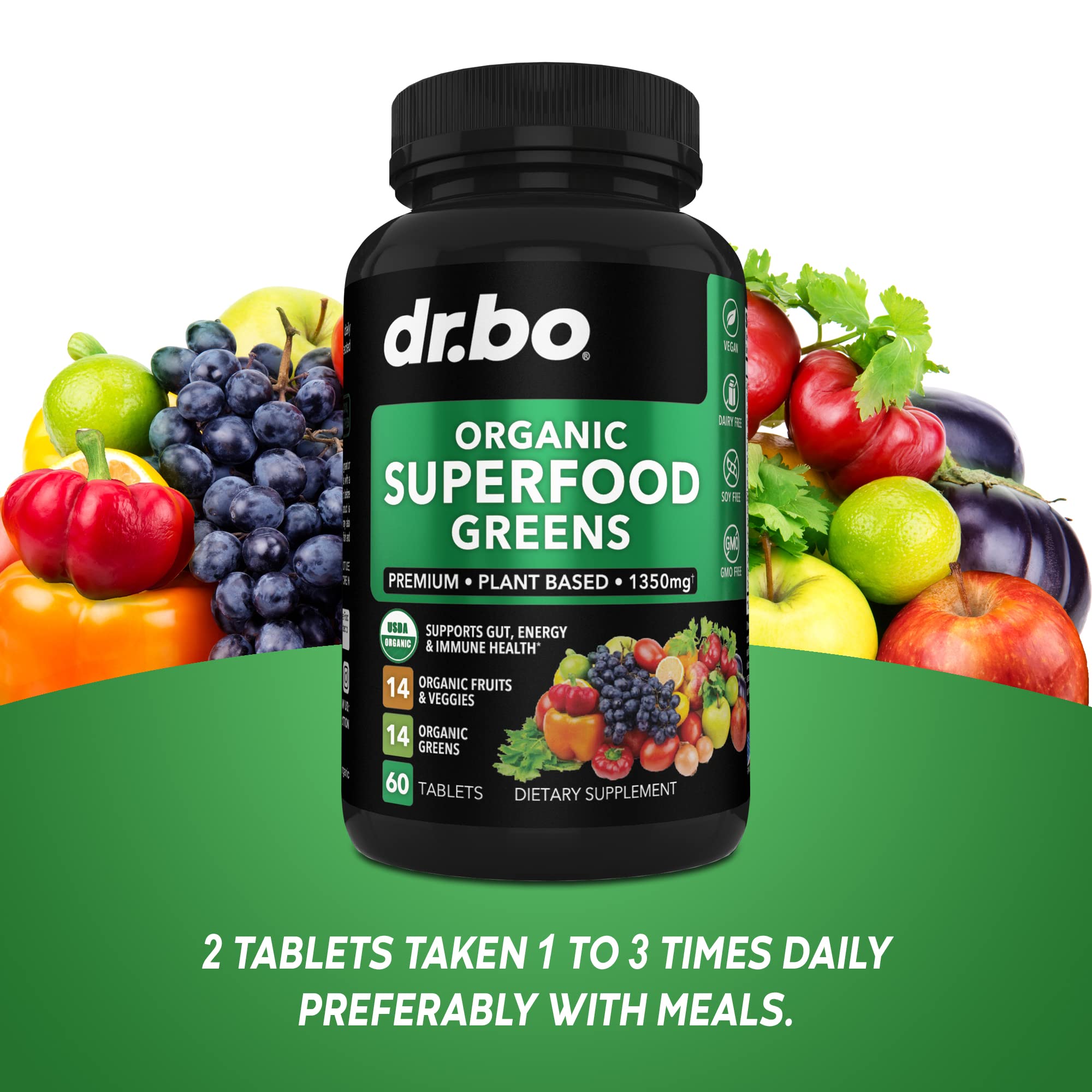DR. BO Organic Spirulina Tablets and fruits