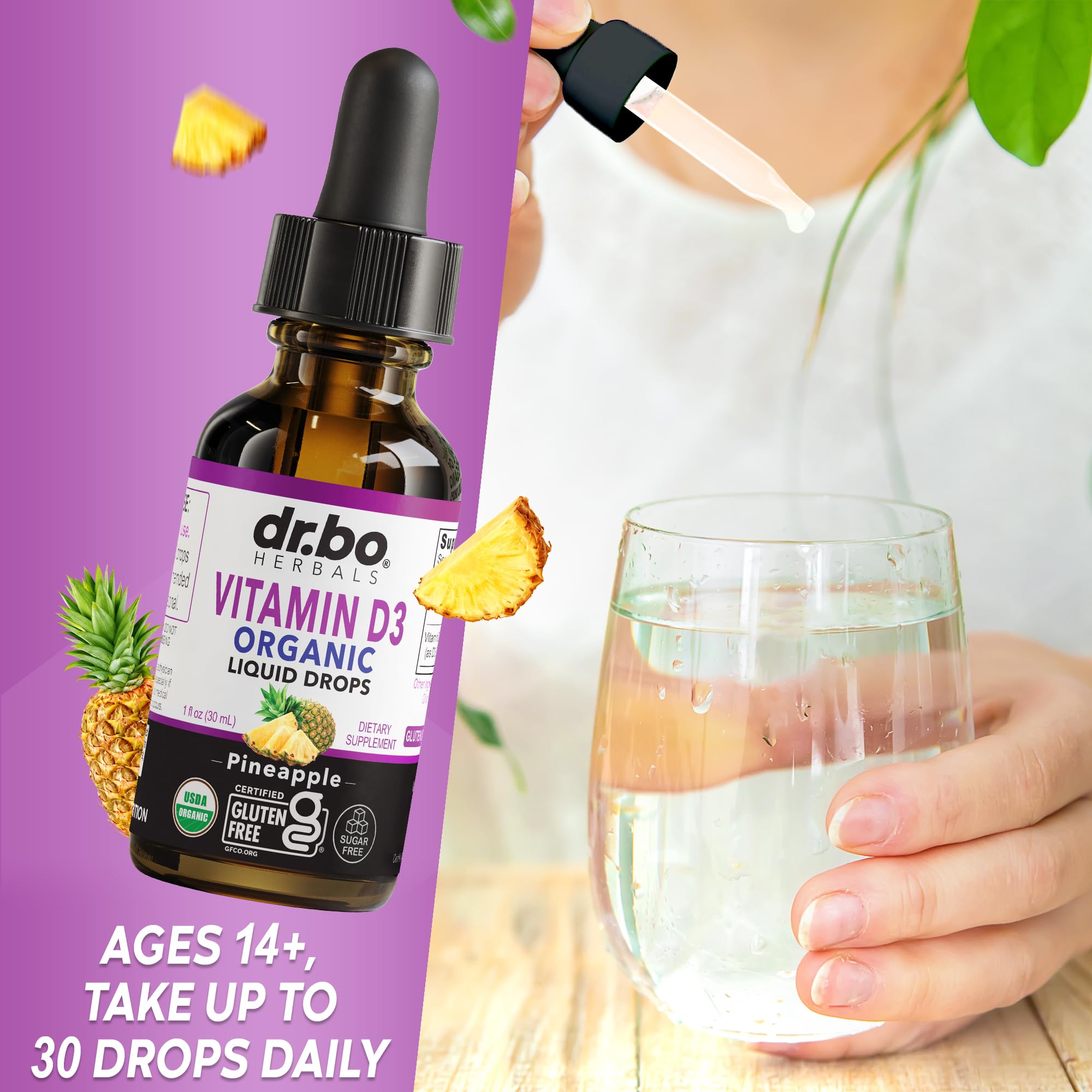 DR. BO Organic Vitamin D3 Liquid Drops close-up of label