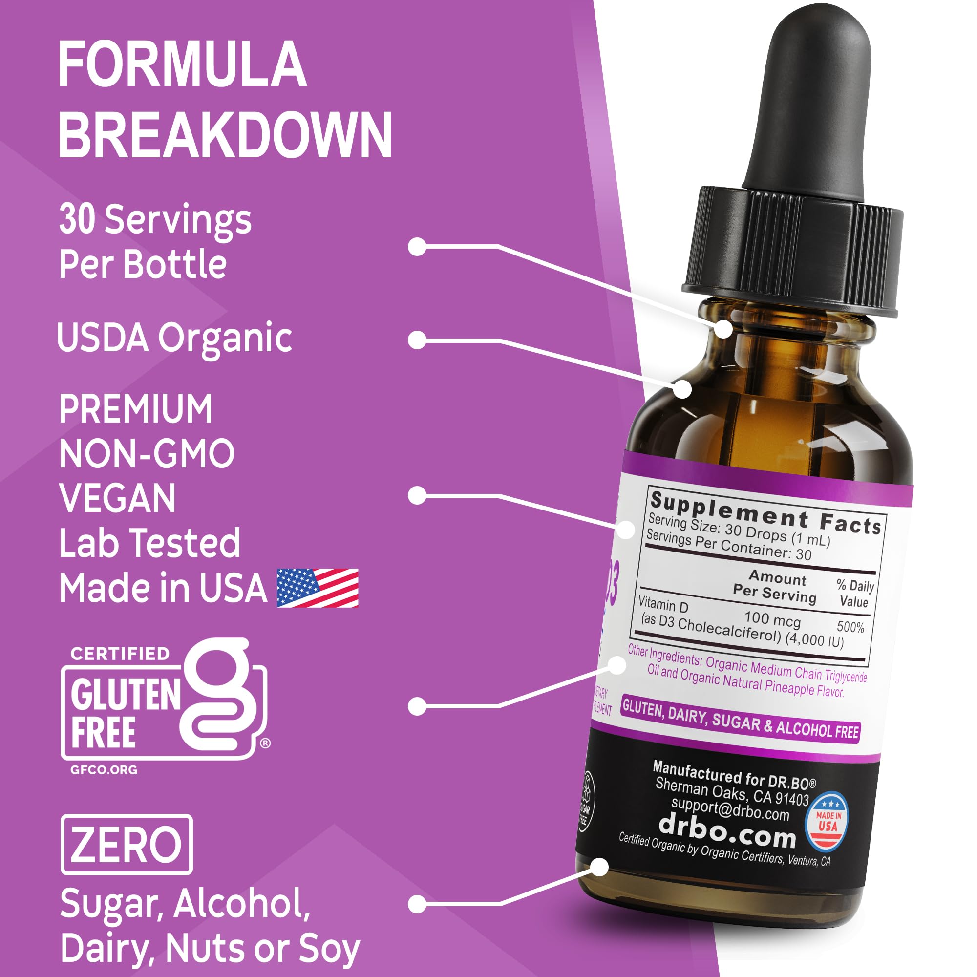 DR. BO Organic Vitamin D3 Liquid Drops in a glass