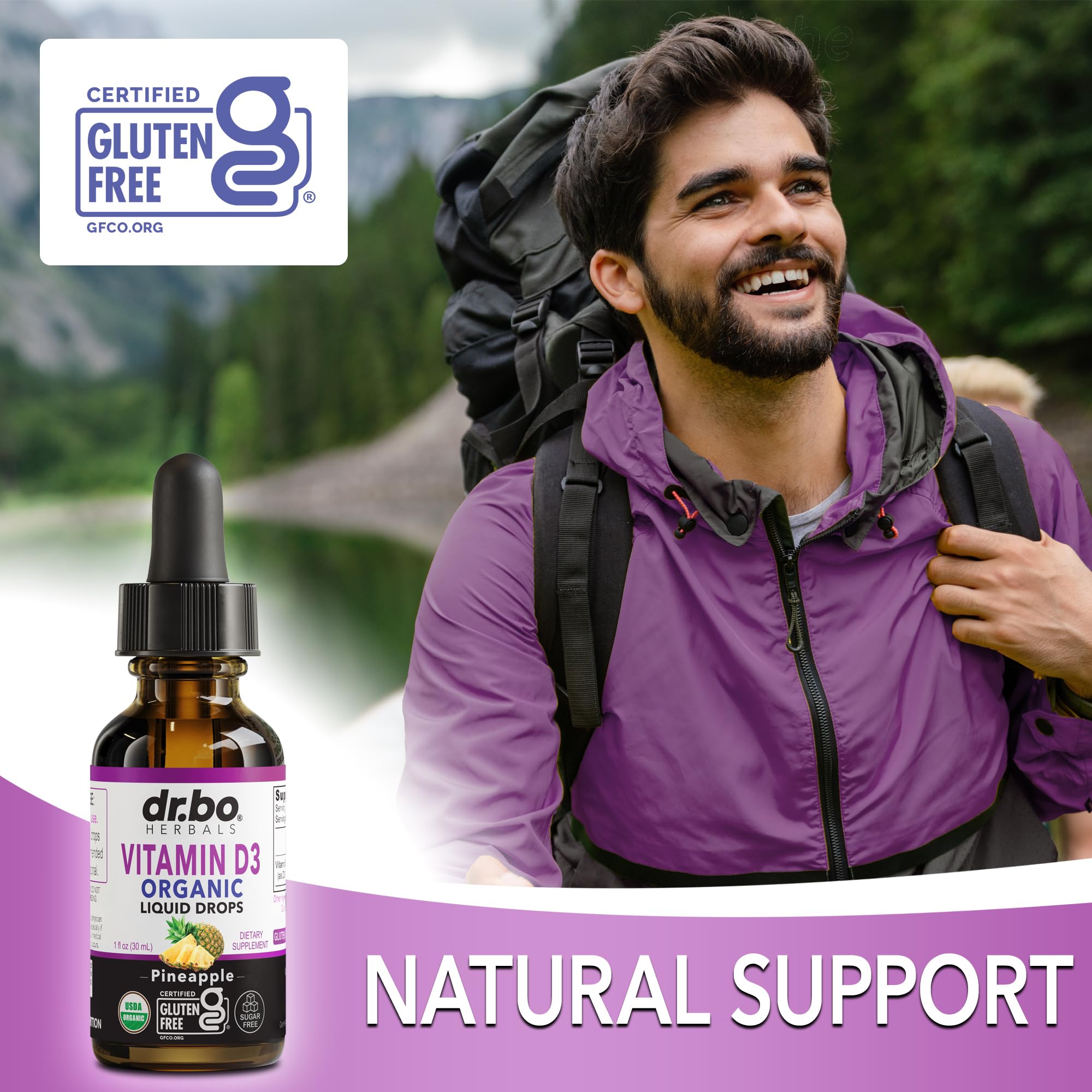 DR. BO Organic Vitamin D3 Liquid Drops on a kitchen counter