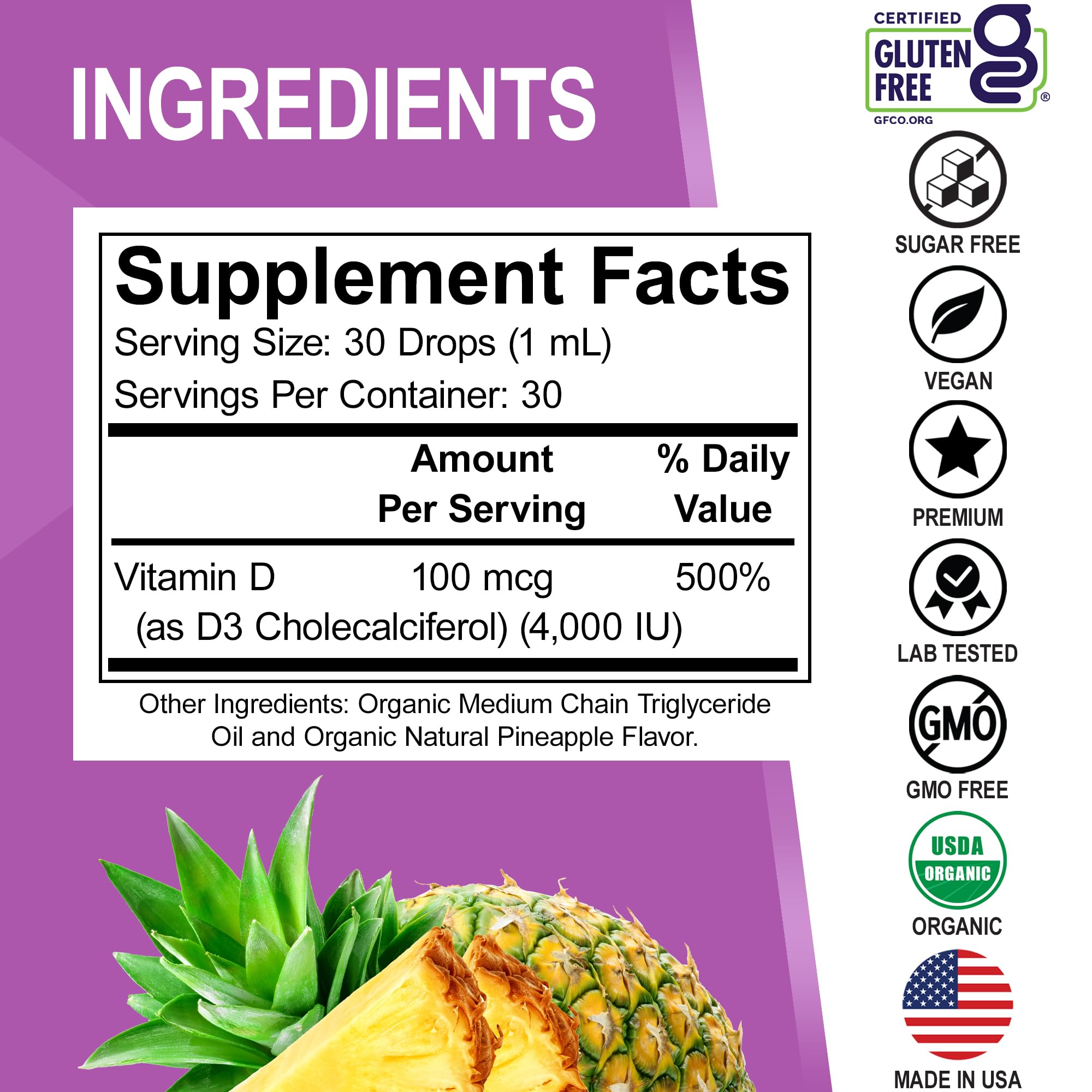 DR. BO Organic Vitamin D3 Liquid Drops with pineapple